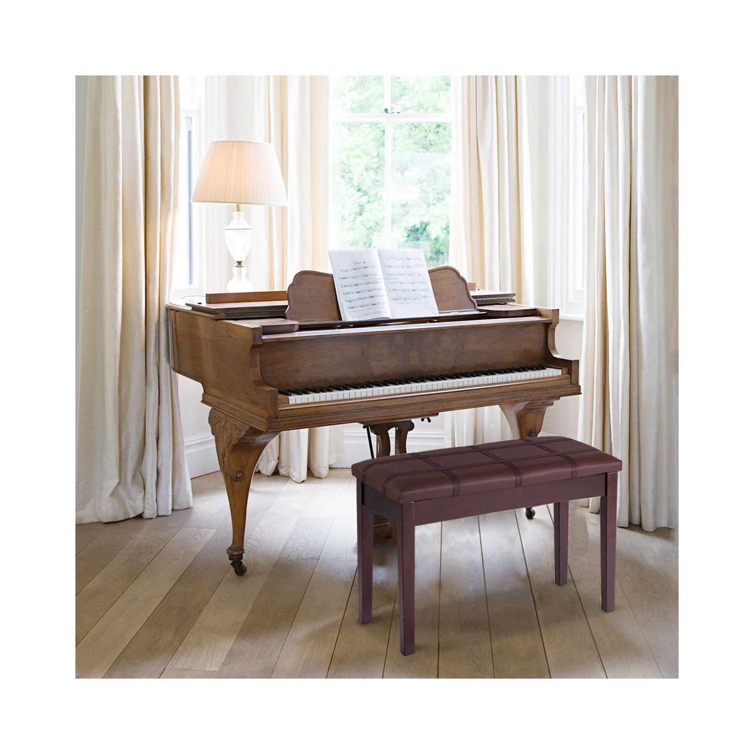 Solid Wood PU Leather Piano Double Duet Keyboard Bench-Brown
