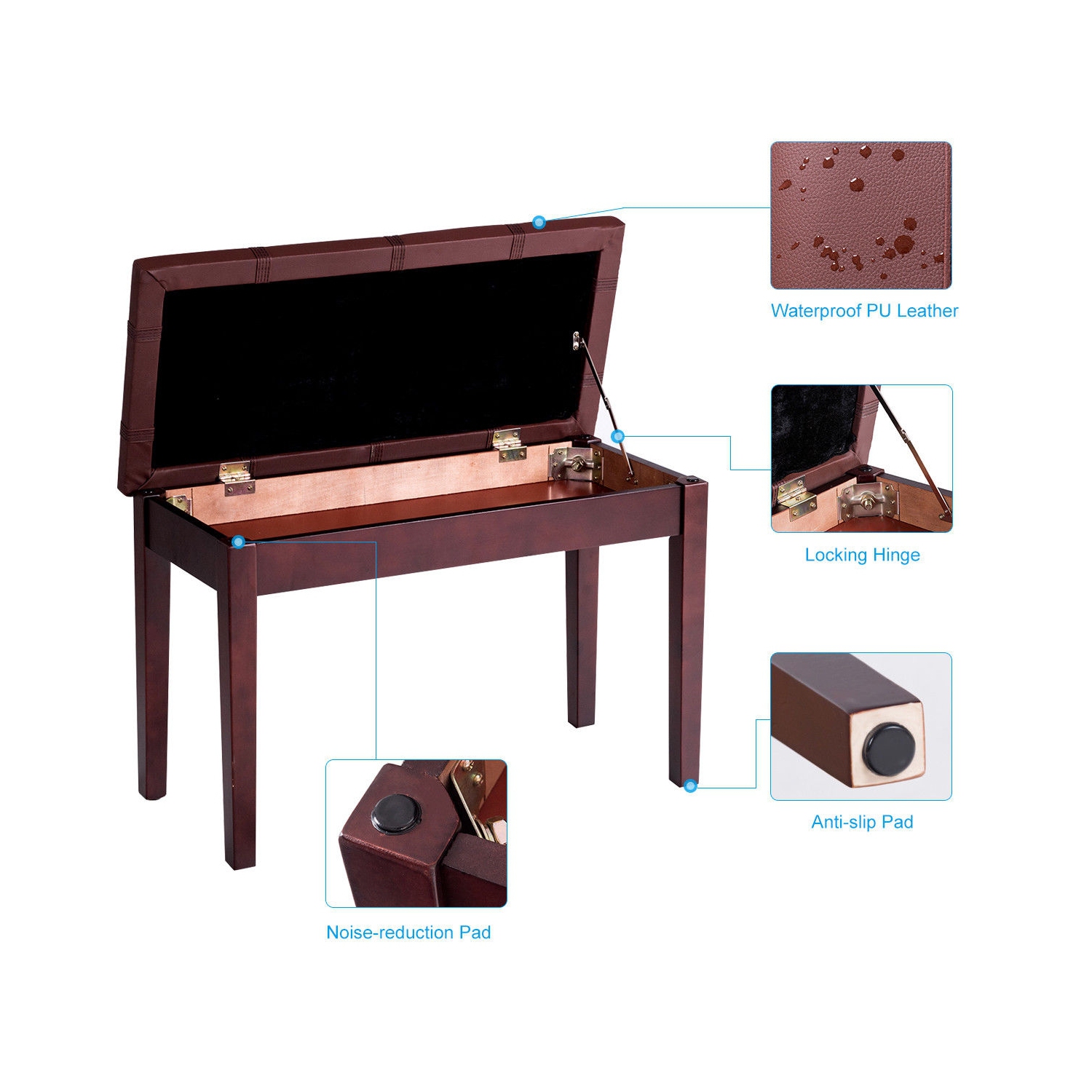Solid Wood PU Leather Piano Double Duet Keyboard Bench-Brown