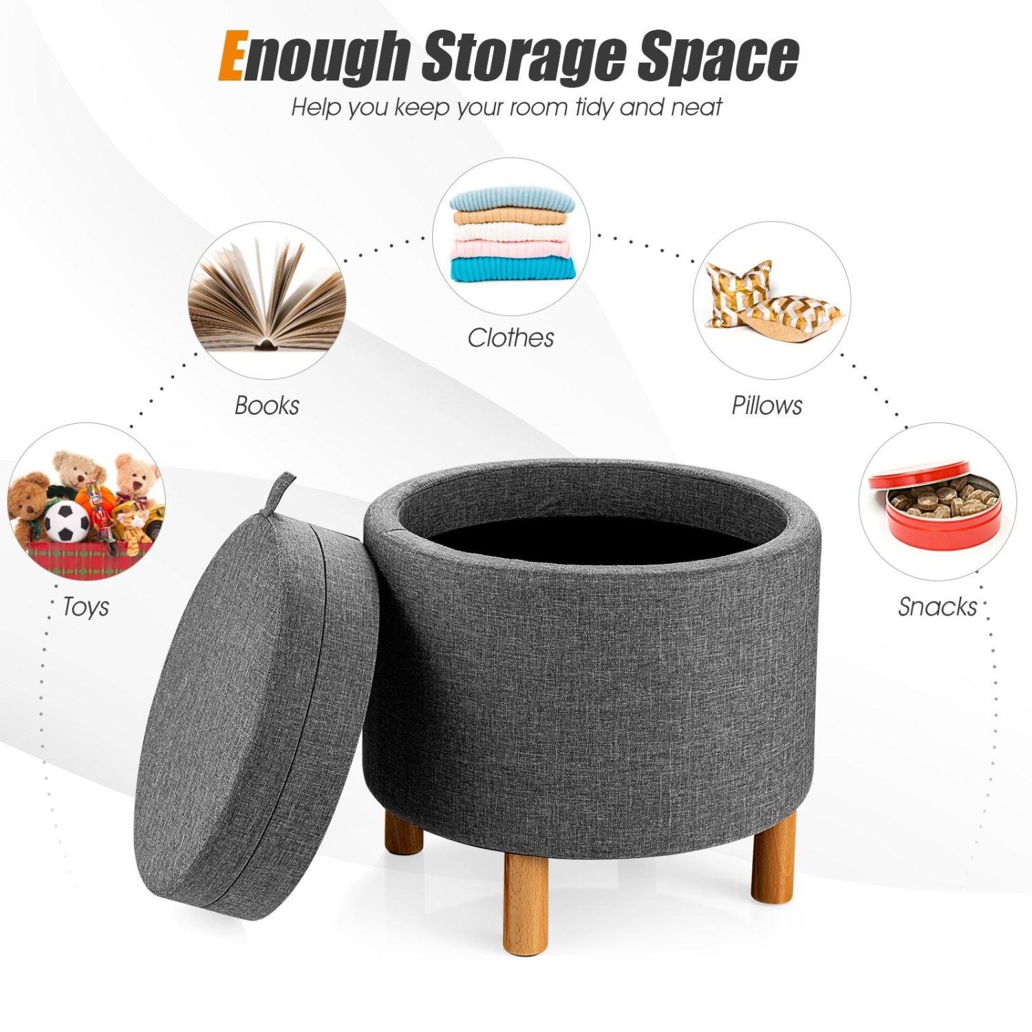 Pouf de rangement rond en tissu avec plateau et coussins antidérapants pour chambre à coucher