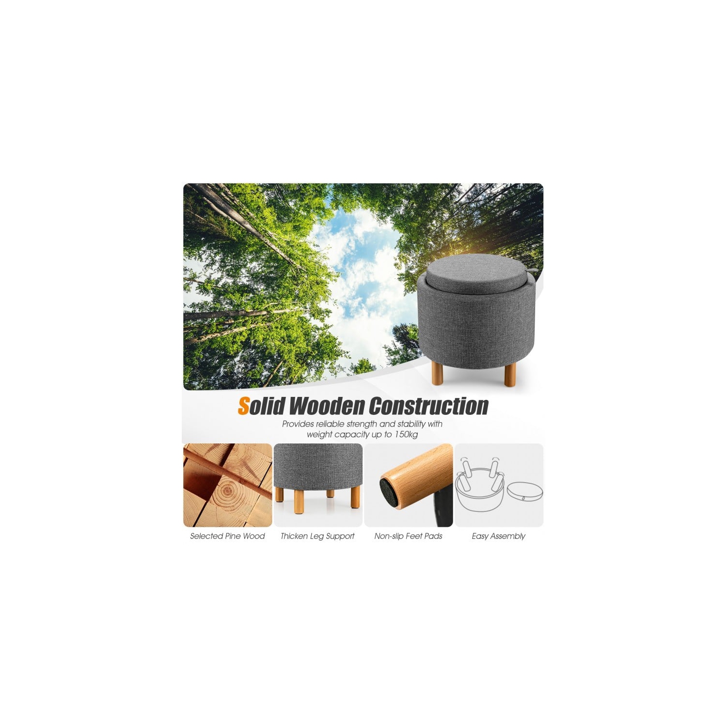 Pouf de rangement rond en tissu avec plateau et coussins antidérapants pour chambre à coucher