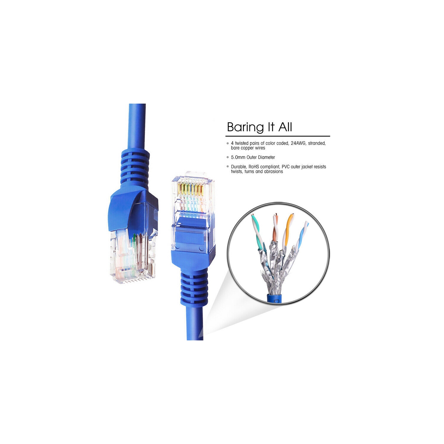 [6-100FT] Câble de raccordement Ethernet Cat 6 550 MHz pour Xbox, PS4, PS3, modem, routeur, BLEU