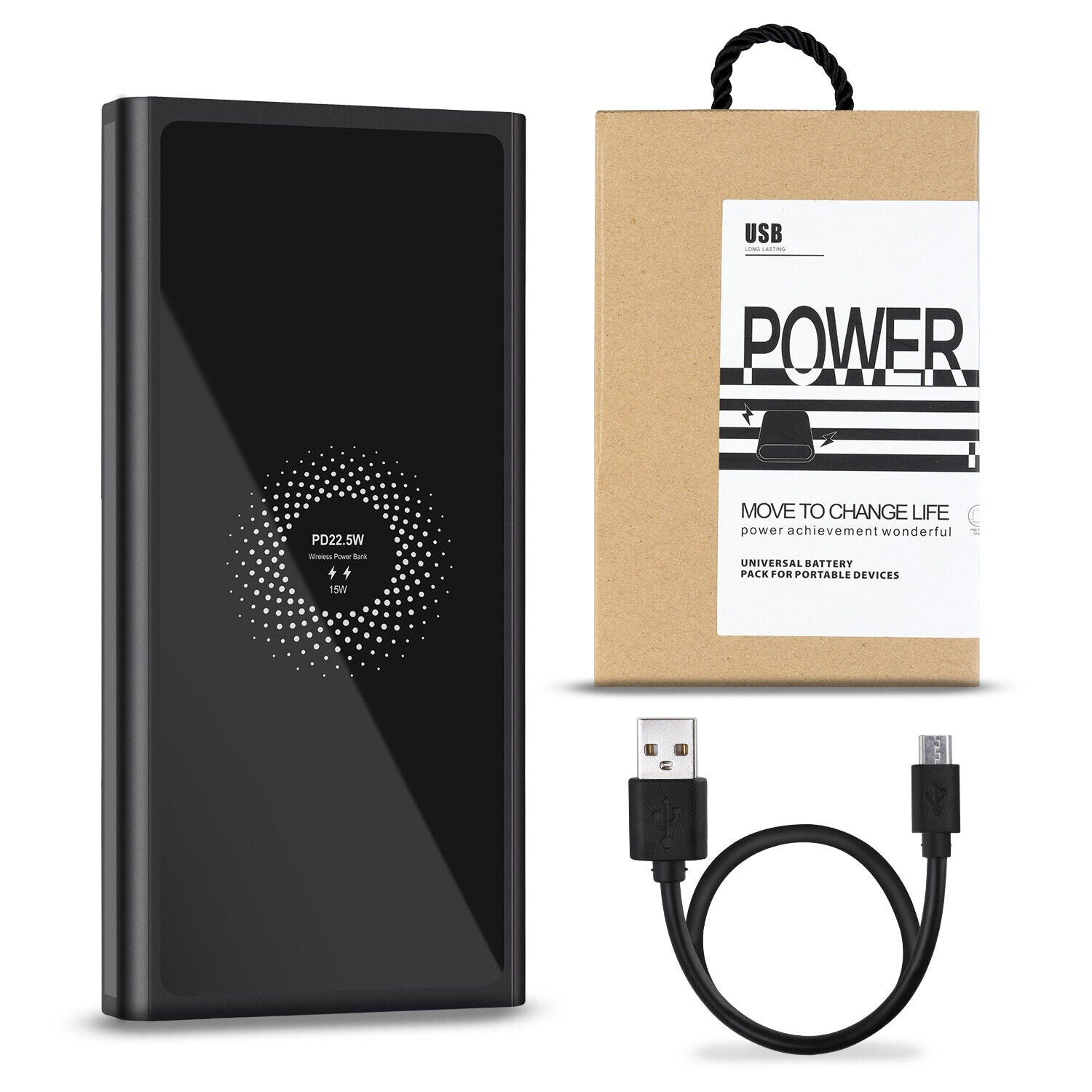 Chargeur portable sans fil USB C, 10 000 mAh Qi 15 W de recharge pour iPhone 12 11 et Galaxy S20