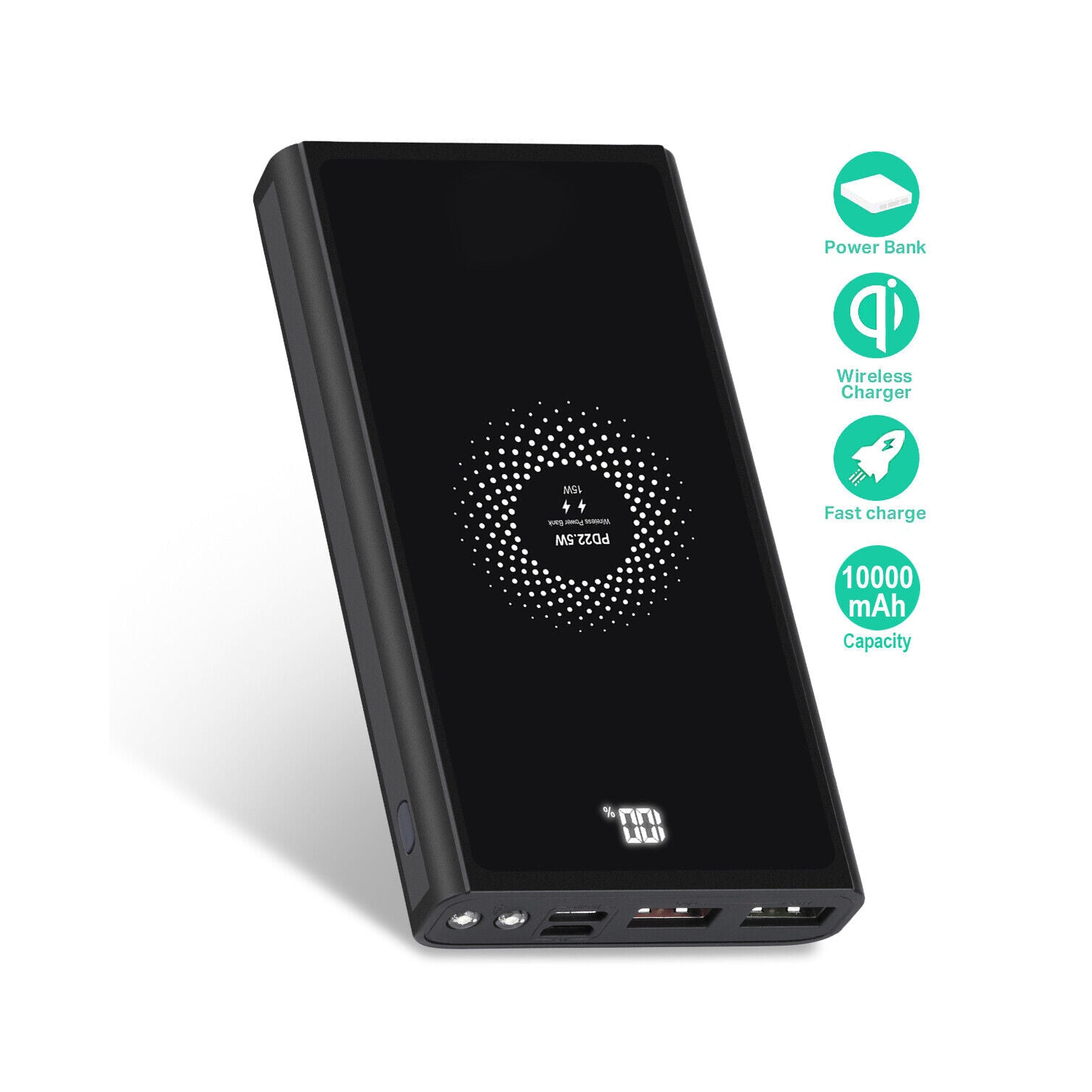 Chargeur portable sans fil USB C, 10 000 mAh Qi 15 W de recharge pour iPhone 12 11 et Galaxy S20