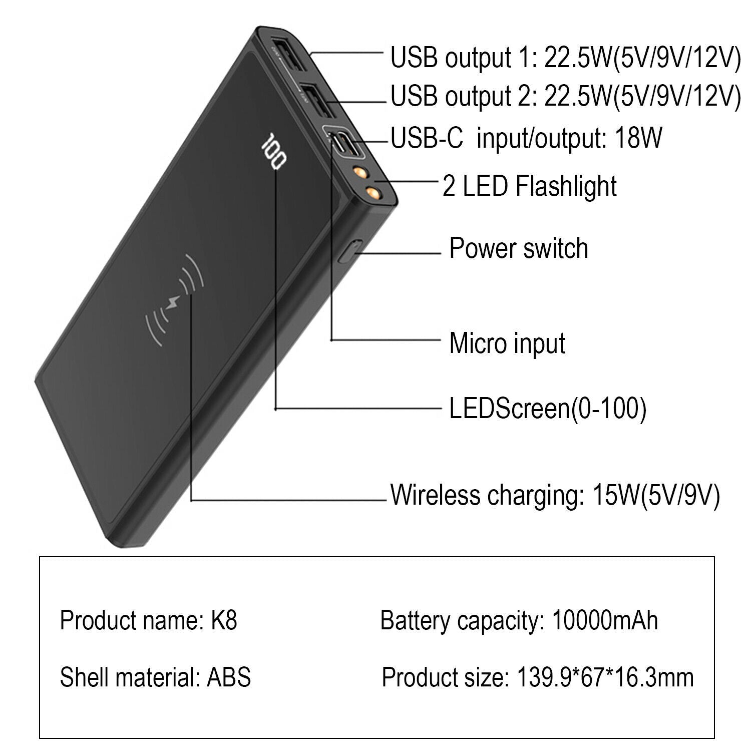 Chargeur portable sans fil USB C, 10 000 mAh Qi 15 W de recharge pour iPhone 12 11 et Galaxy S20