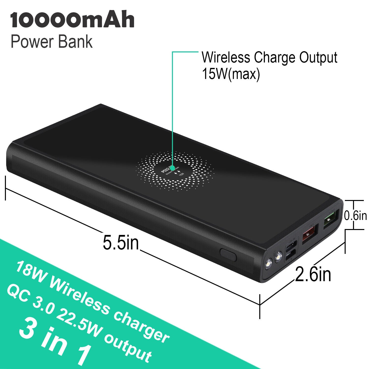 Chargeur portable sans fil USB C, 10 000 mAh Qi 15 W de recharge pour iPhone 12 11 et Galaxy S20