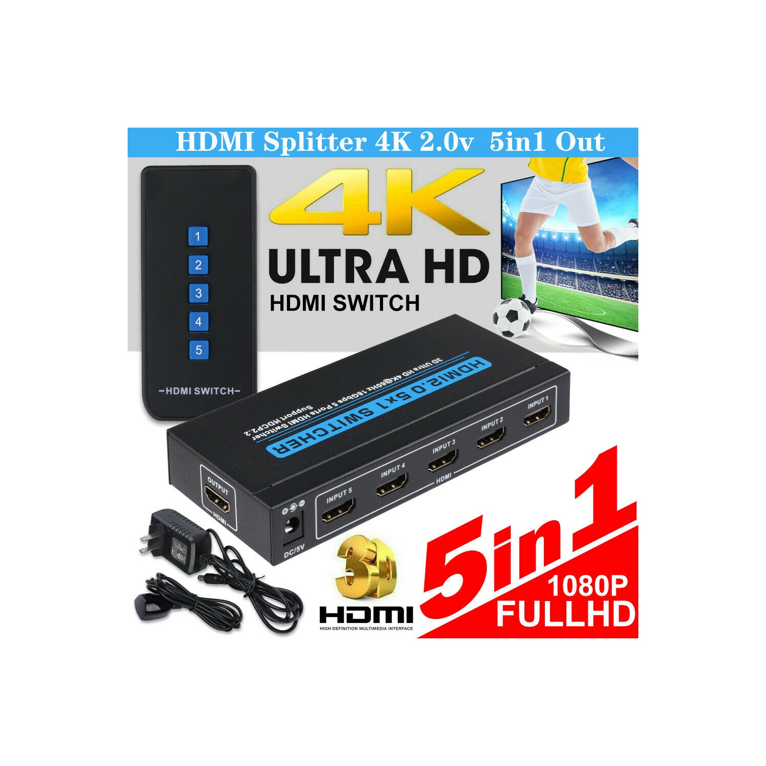 HDMI Switch with IR Remote Control Supports 4k@60HZ 3D HD for PS4 Xbox Apple TV