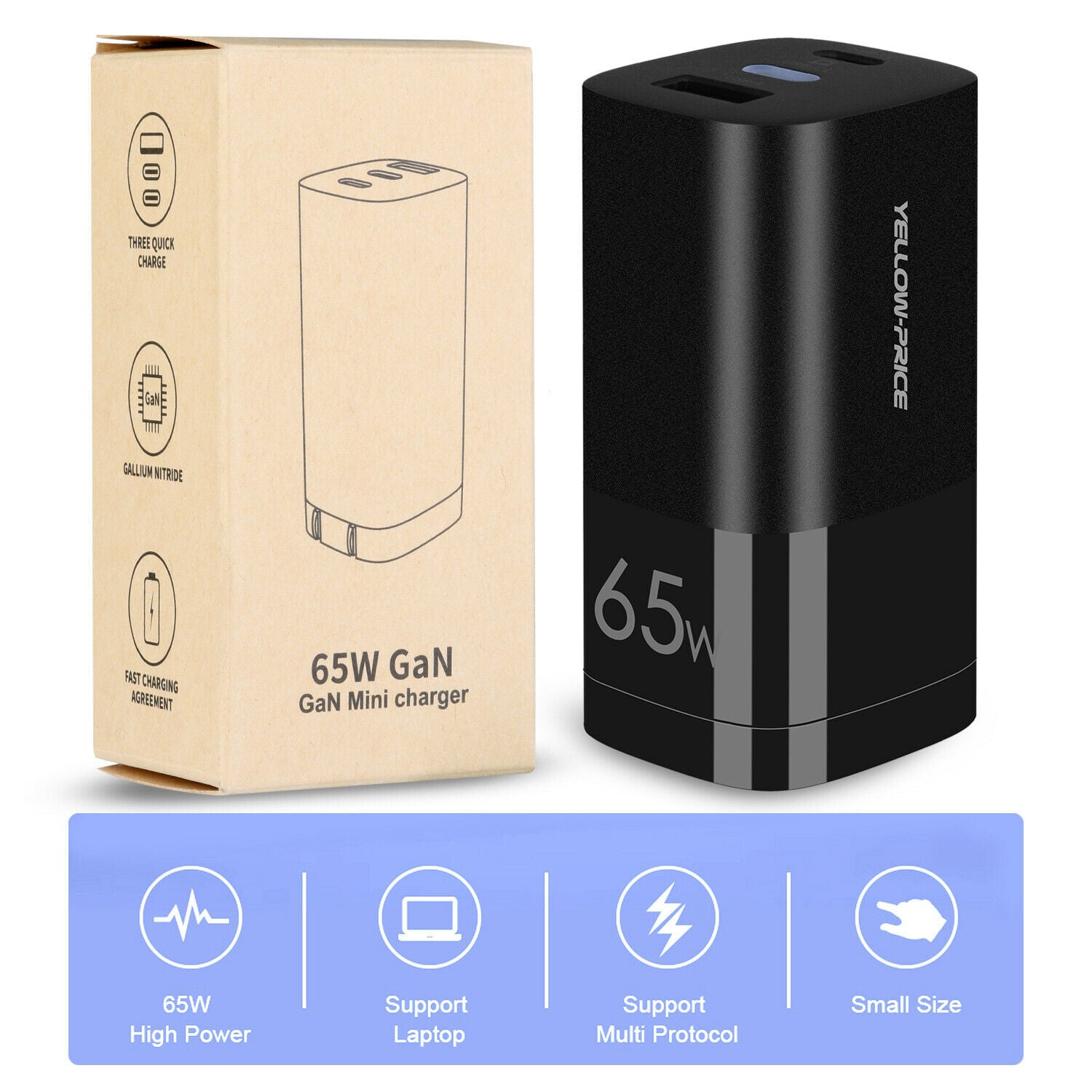 65W GaN USB C Charger with Foldable CA Plug for Apple iPhone, iPad Pro, MacBook