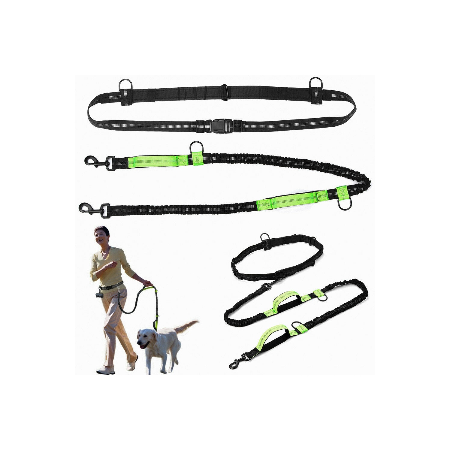 Retractable Hands Free Pet Dog Leash Dual Handle Leash Reflective Waist Belt CA