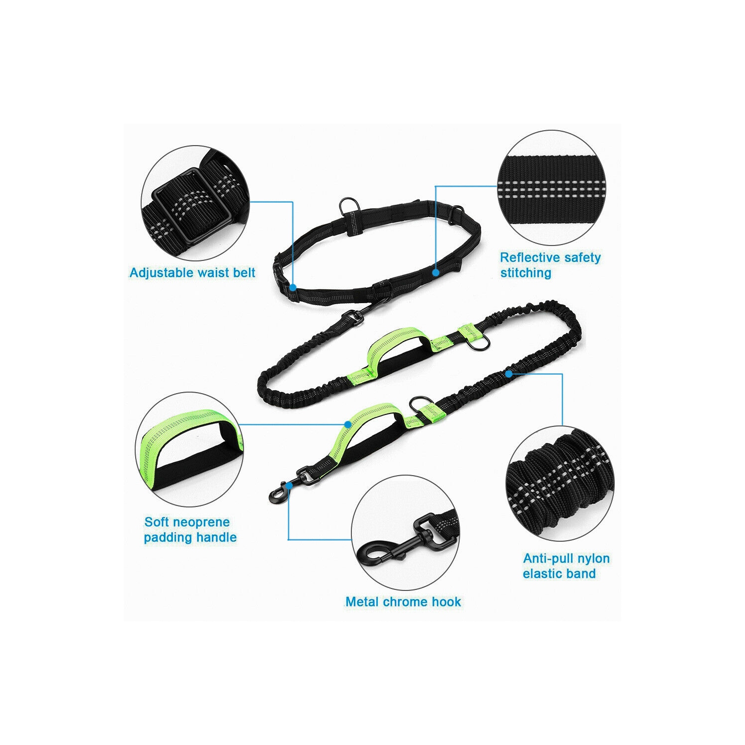 Retractable Hands Free Pet Dog Leash Dual Handle Leash Reflective Waist Belt CA