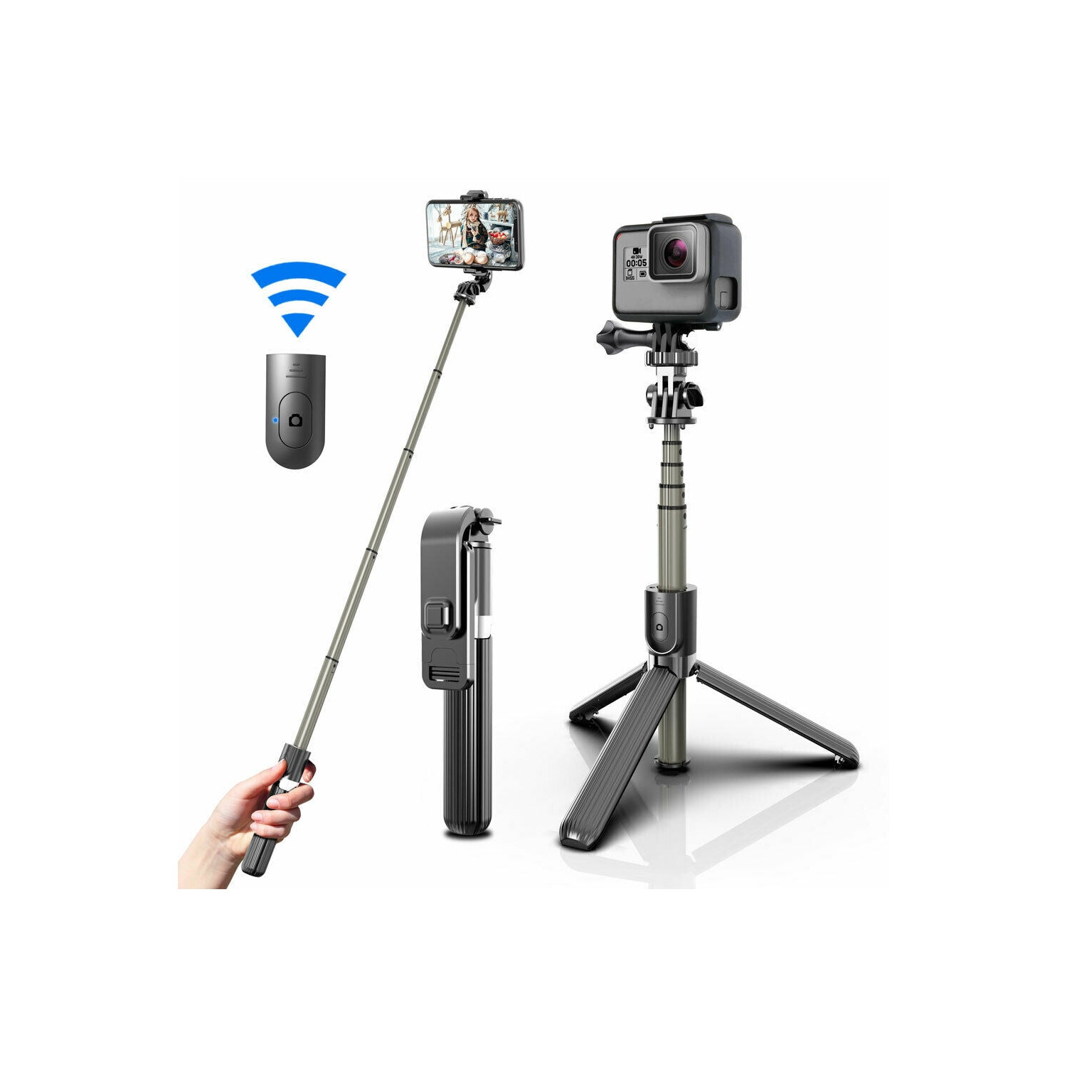 32 inch Extendable Aluminum Selfie Stick Tripod with Bluetooth Remote Shutter CA