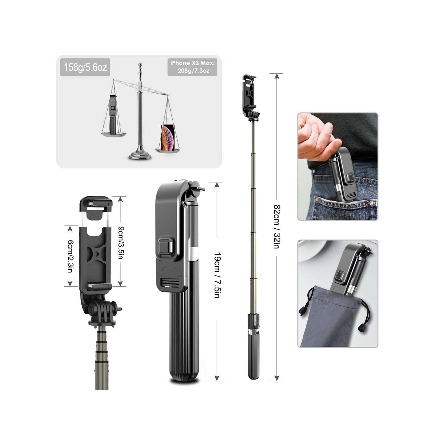 32 inch Extendable Aluminum Selfie Stick Tripod with Bluetooth Remote Shutter CA