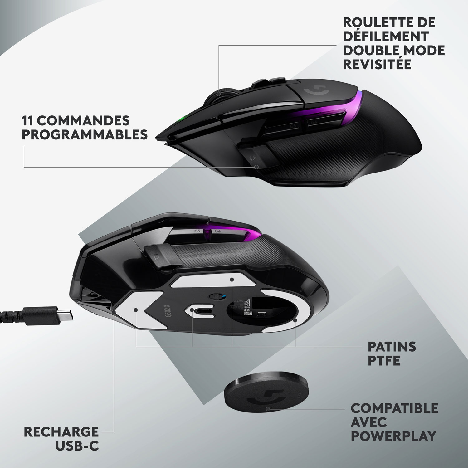 Souris de jeu optique sans fil de 25 000 ppp G502 X PLUS de Logitech - Noir