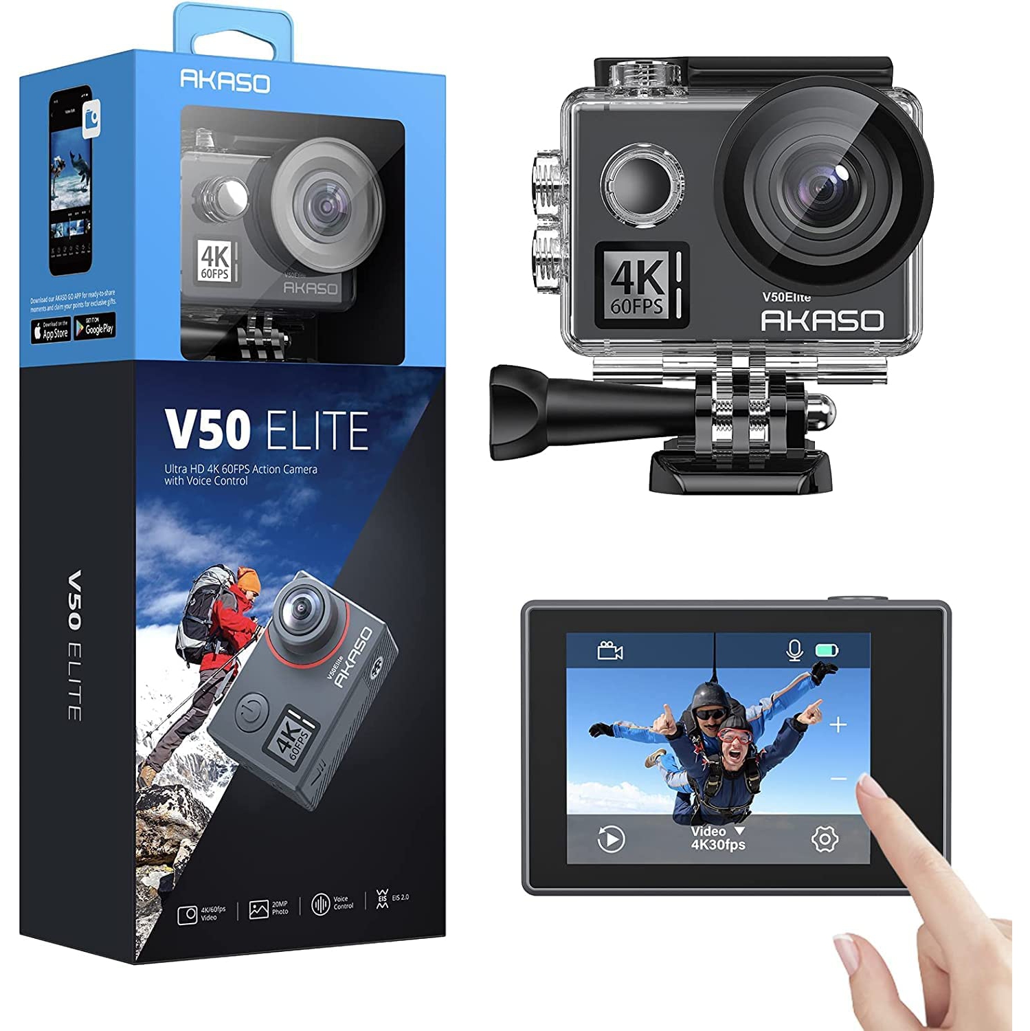 Open Box - AKASO V50 Elite 4K 60fps Touch Screen WiFi Action Camera Voice Control EIS