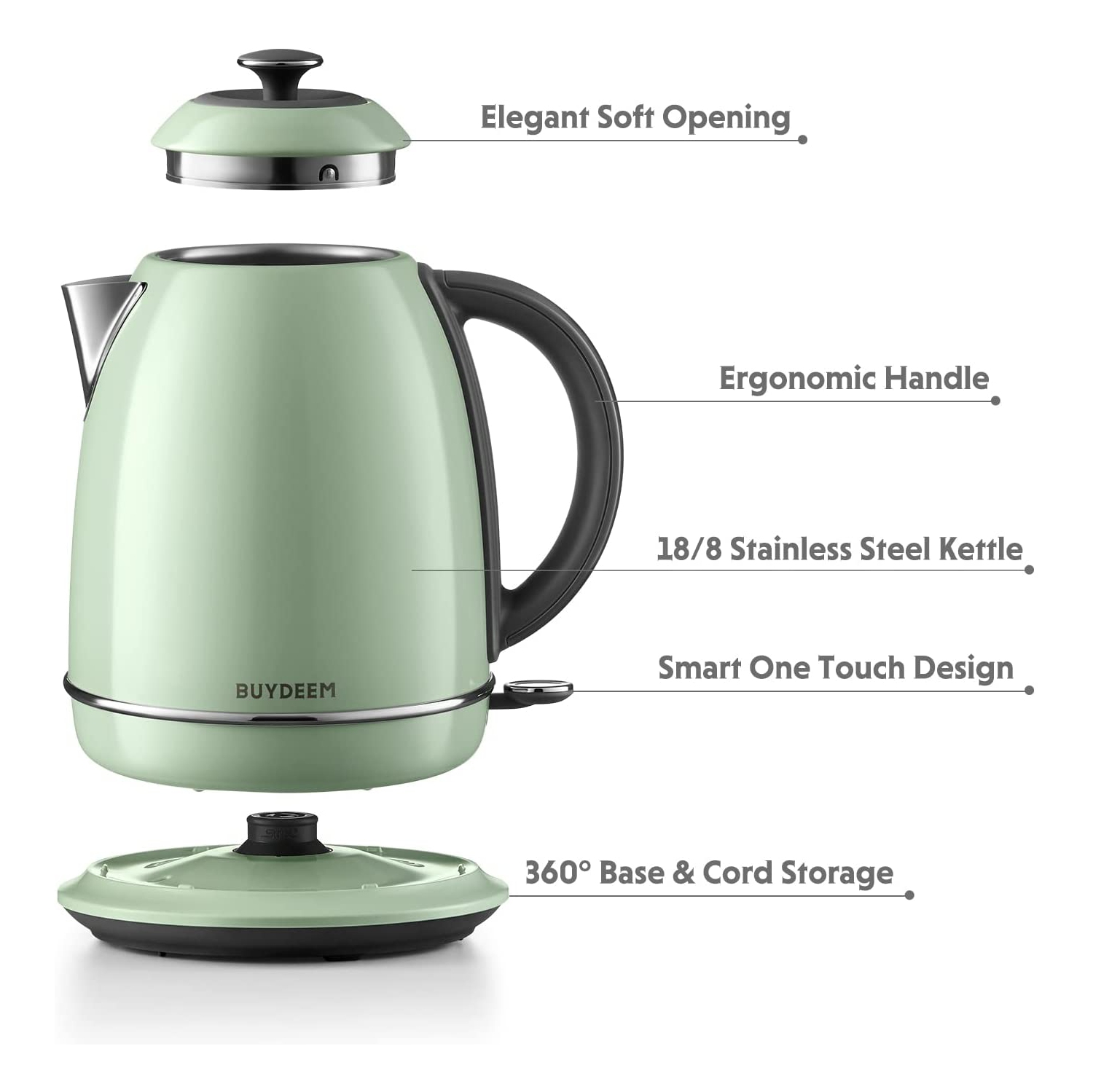 BUYDEEM K640 Stainless Steel Electric Tea Kettle with Auto Shut-Off and Boil Dry Protection, 1.7 Liter Cordless Hot Water Boiler with Swivel Base,
