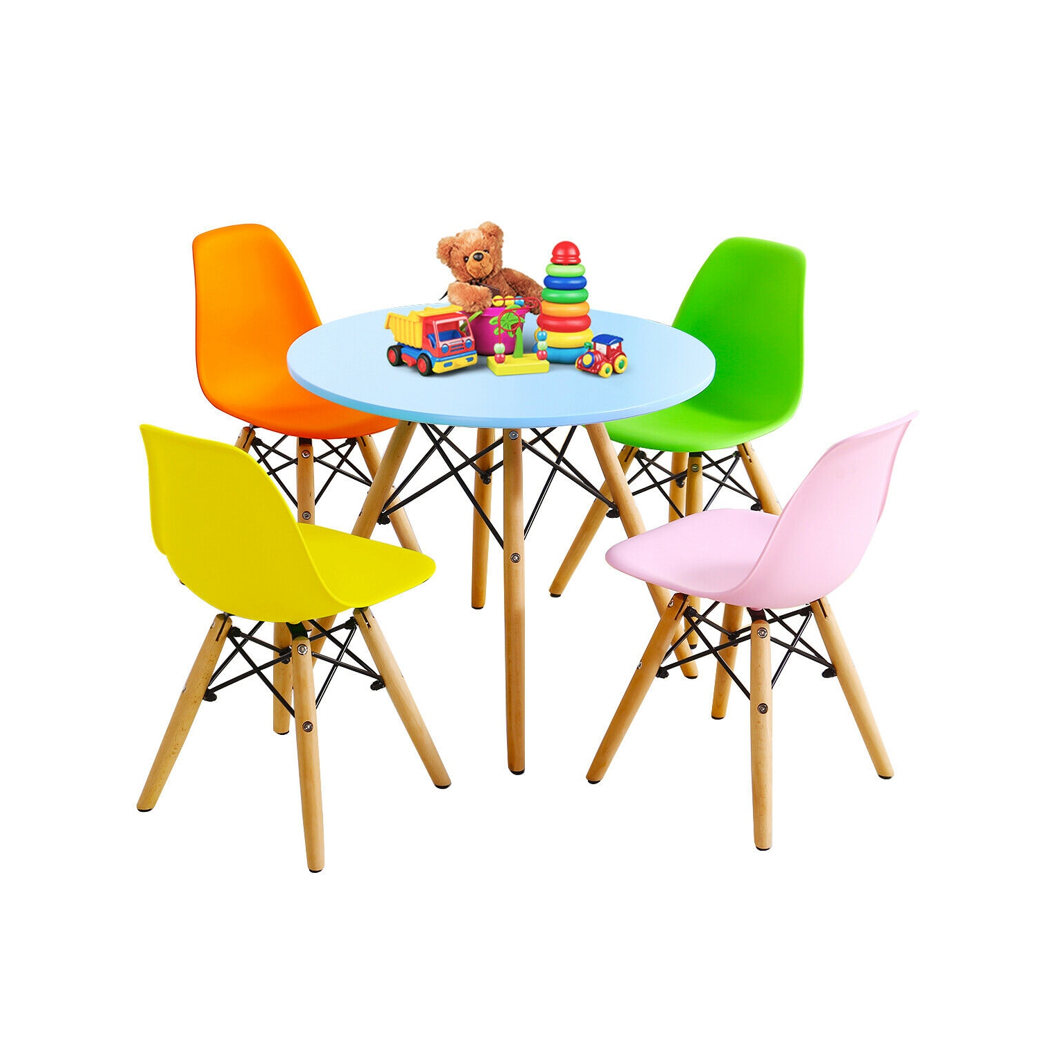 Gymax 5 PC Kids Colorful Round Table Chair Set w/ 4 Armless Chairs