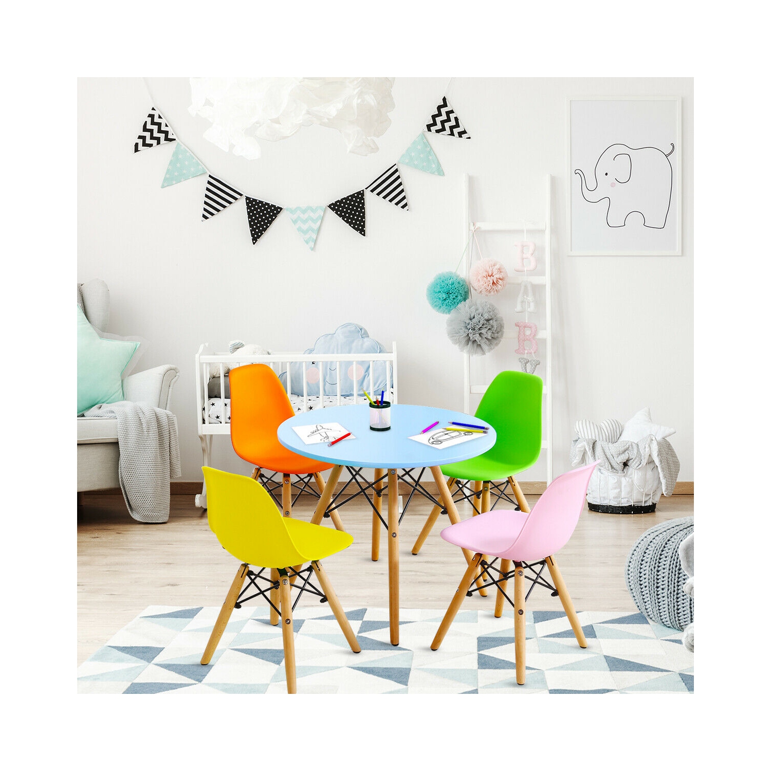 Gymax 5 PC Kids Colorful Round Table Chair Set w/ 4 Armless Chairs