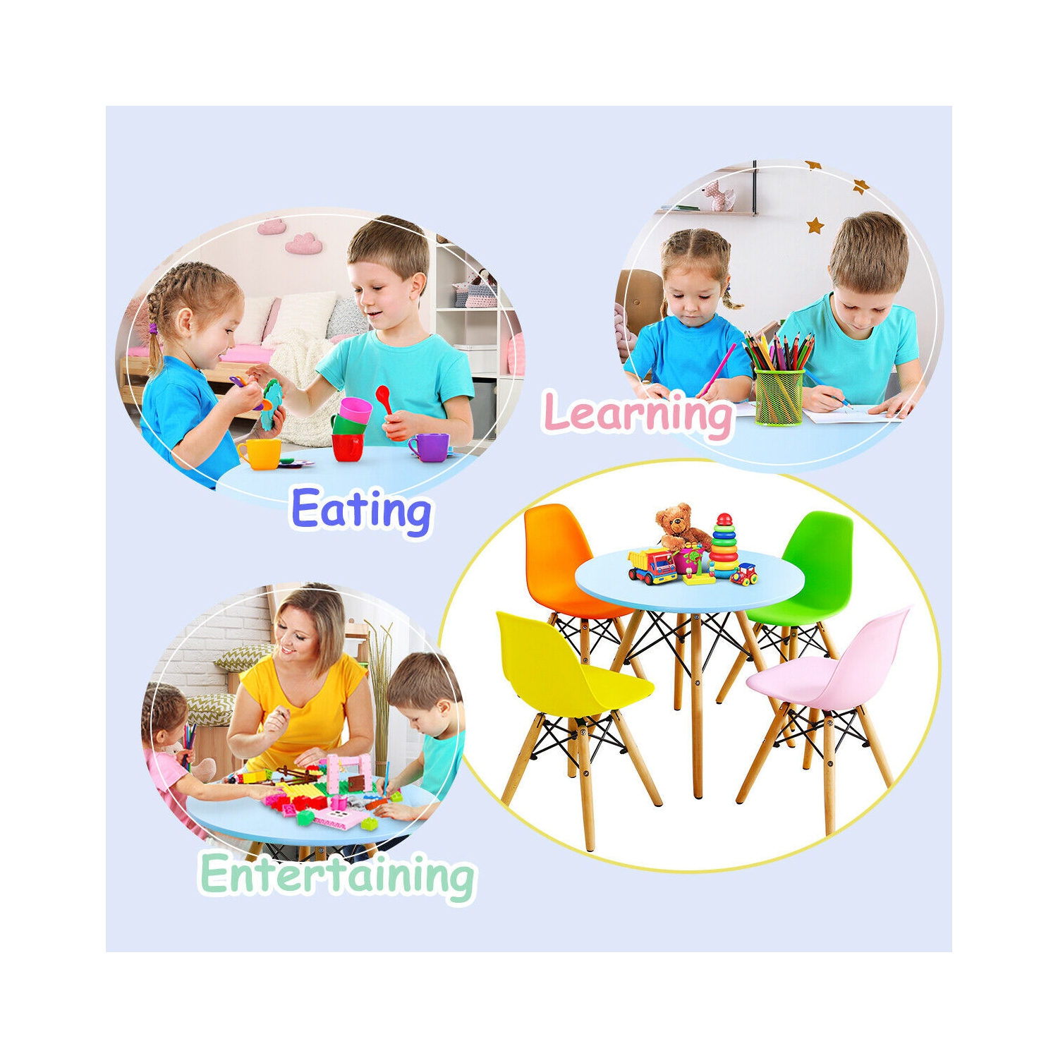 Gymax 5 PC Kids Colorful Round Table Chair Set w/ 4 Armless Chairs