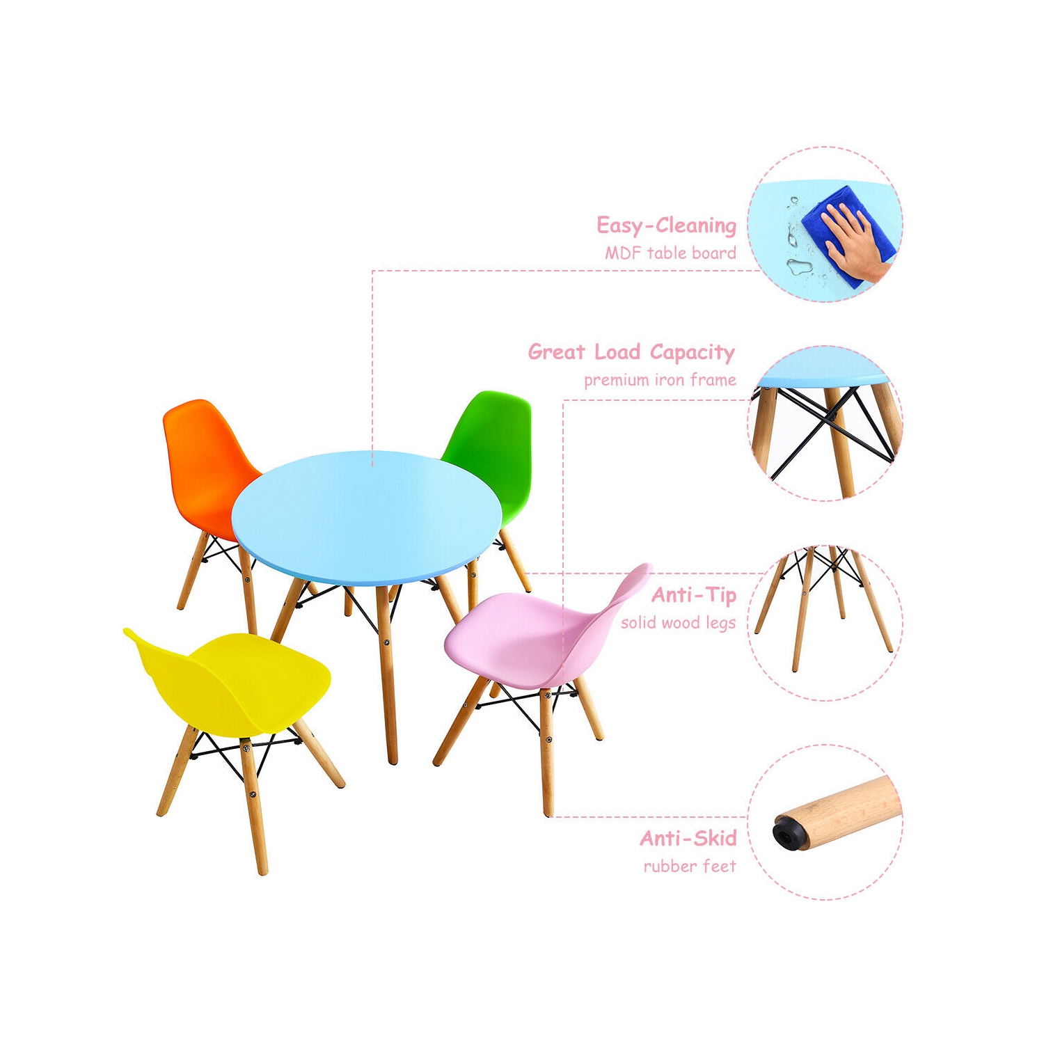 Gymax 5 PC Kids Colorful Round Table Chair Set w/ 4 Armless Chairs