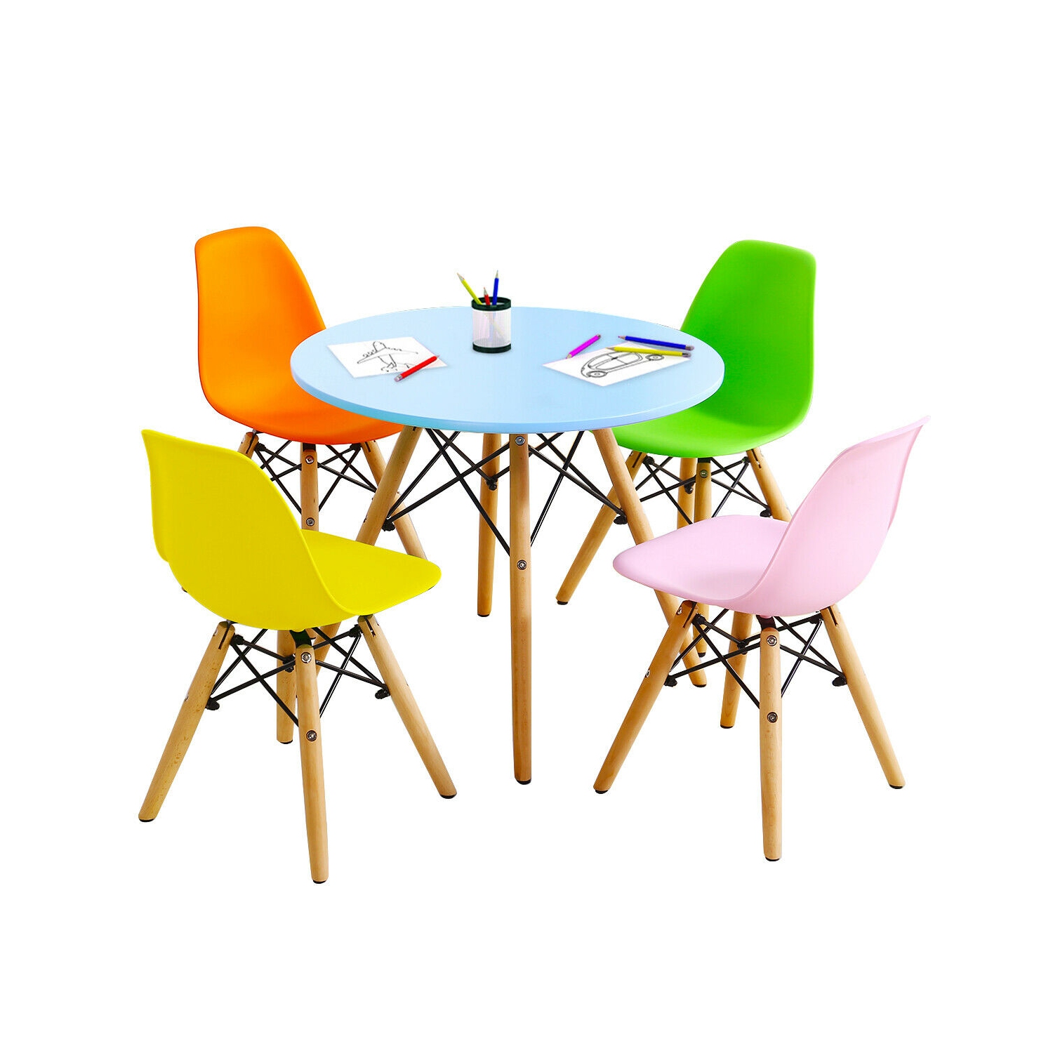 Gymax 5 PC Kids Colorful Round Table Chair Set w/ 4 Armless Chairs