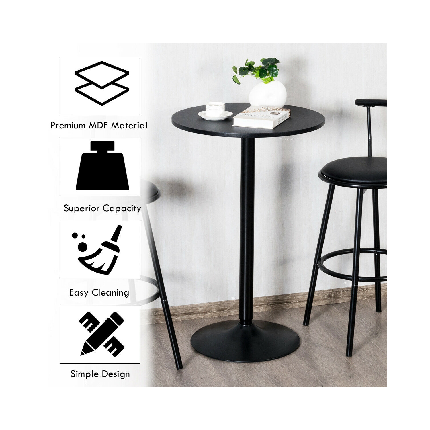 Gymax 24" Round Pub Table Bistro Bar Height Cocktail Table W/Metal Base Indoor Black