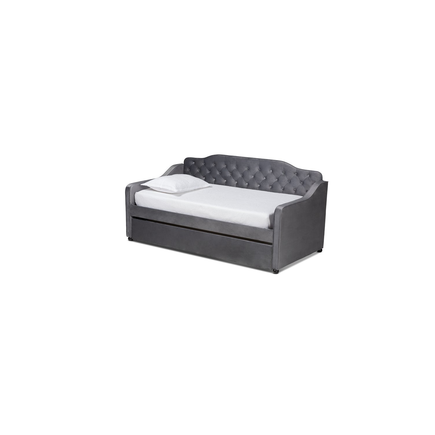 Le lit de repos capitonné en velours gris de format lit simple avec lit gigogne Freda de Baxton Studio