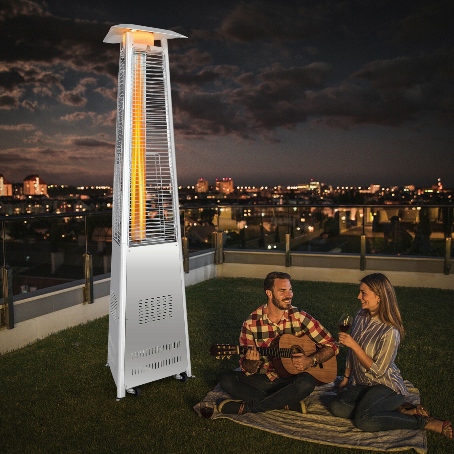 Gymax 42,000 BTU Stainless Steel Pyramid Patio Heater Glass Tube Flame W/ Wheels