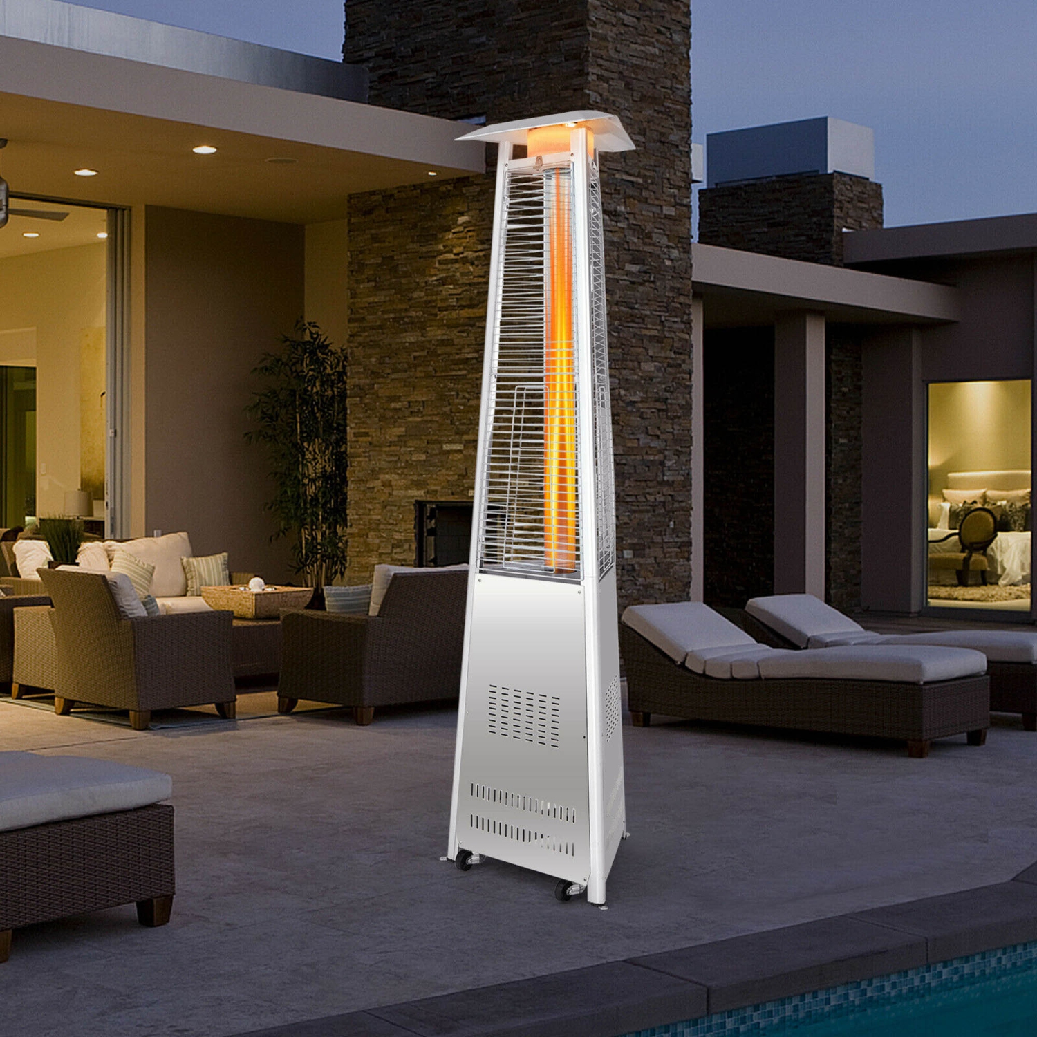 Gymax 42,000 BTU Stainless Steel Pyramid Patio Heater Glass Tube Flame W/ Wheels