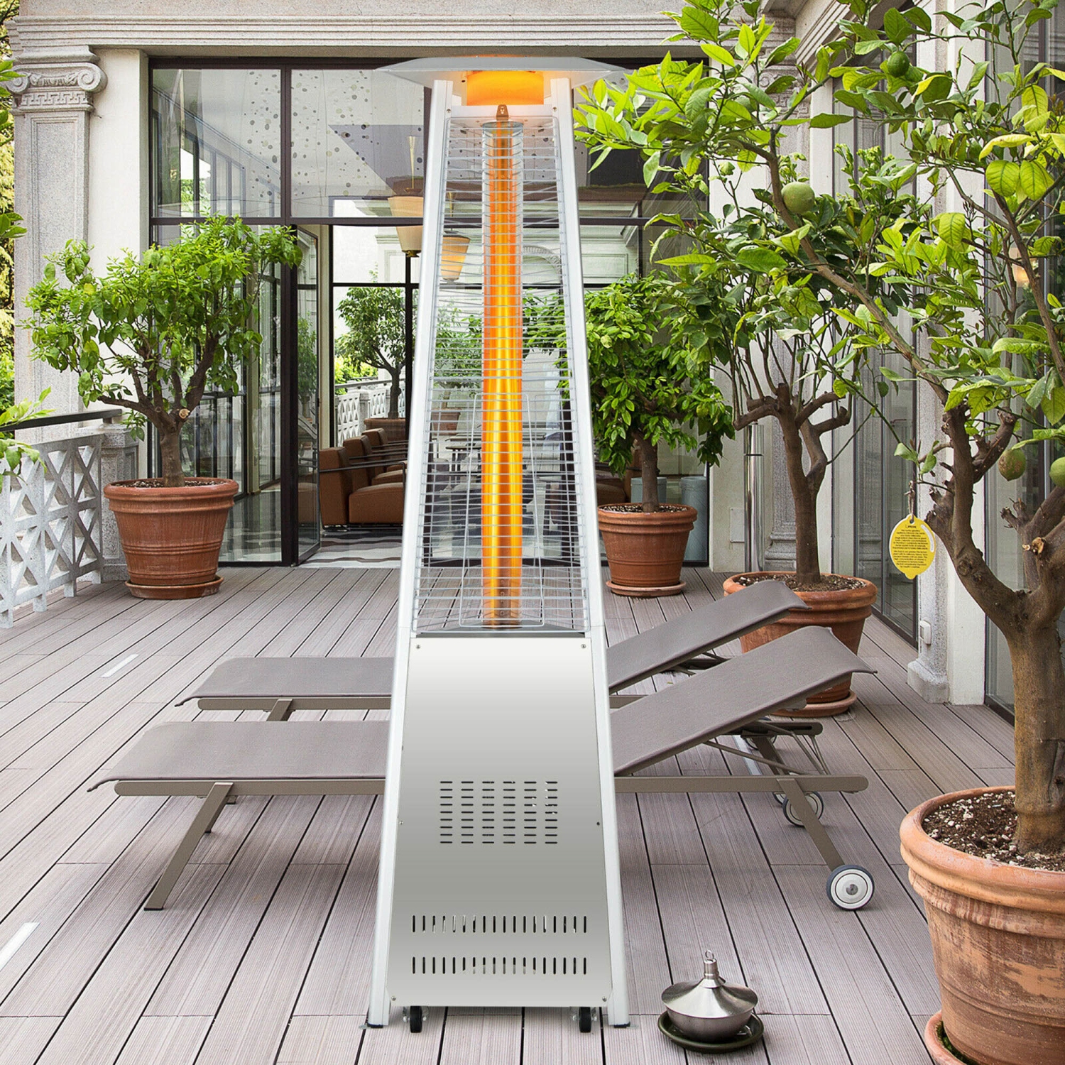 Gymax 42,000 BTU Stainless Steel Pyramid Patio Heater Glass Tube Flame W/ Wheels
