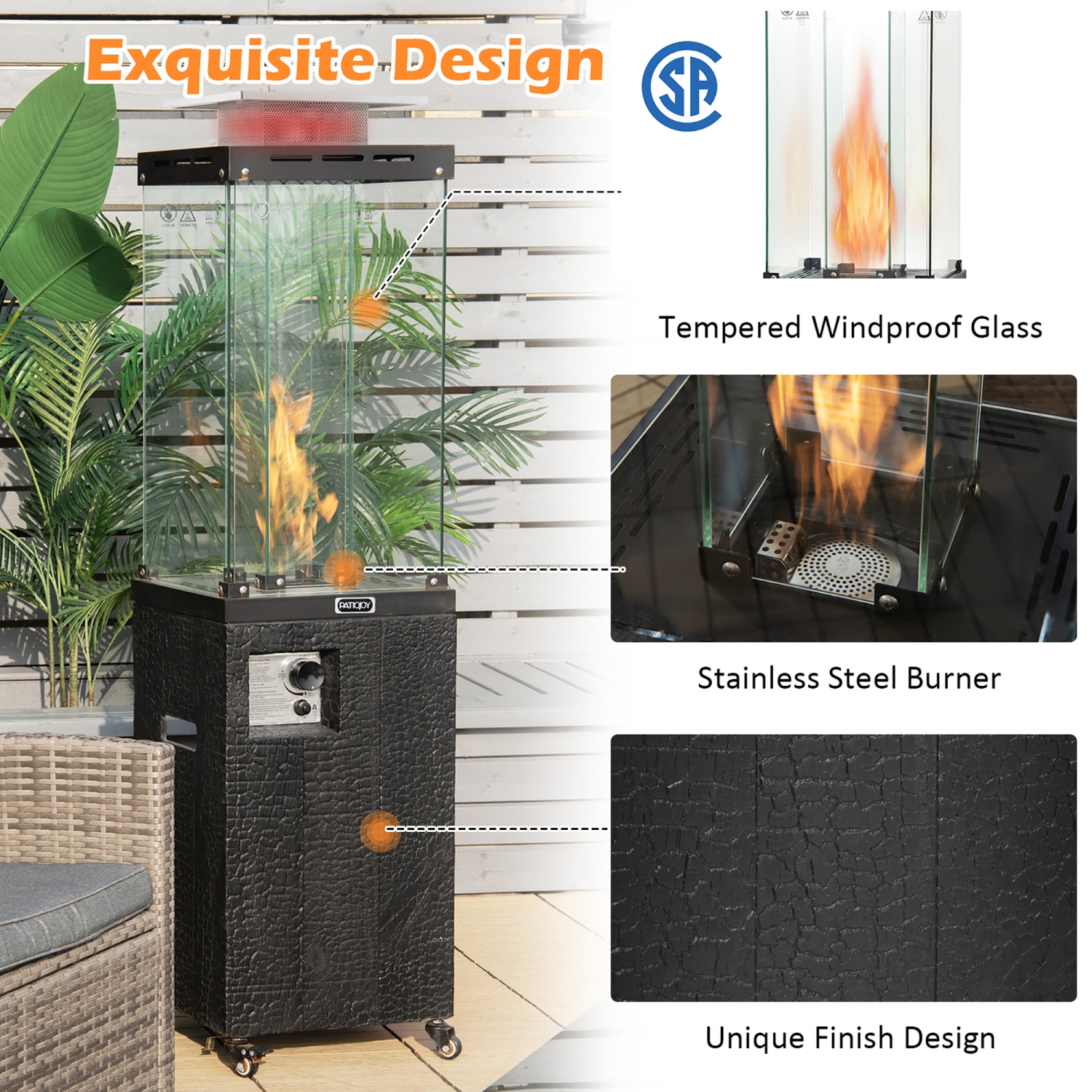 Gymax 41,000 BTU Propane Patio Heater Glass Tube Standing Gas Heater w/ Cover Wheels