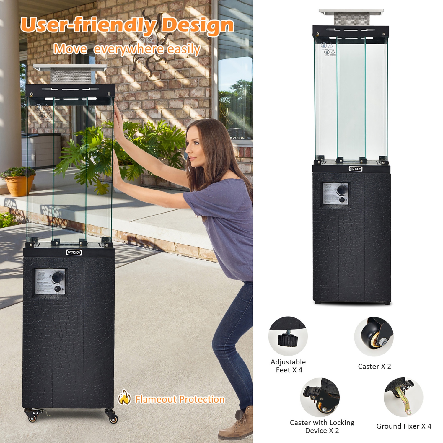 Gymax 41,000 BTU Propane Patio Heater Glass Tube Standing Gas Heater w/ Cover Wheels