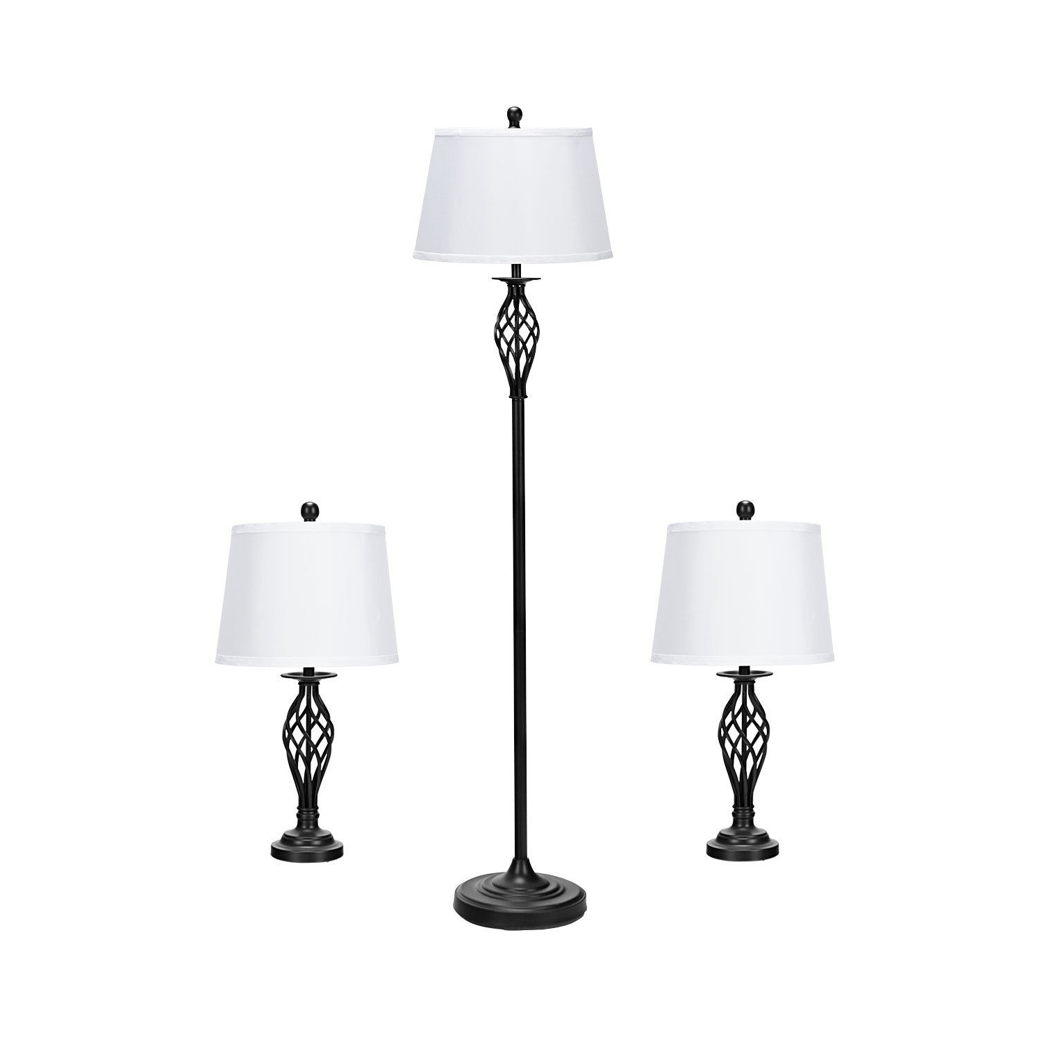 Gymax 3-Piece Lamp Set 2 Table Lamps 1 Floor Lamp Fabric Shades Living Room Bedroom