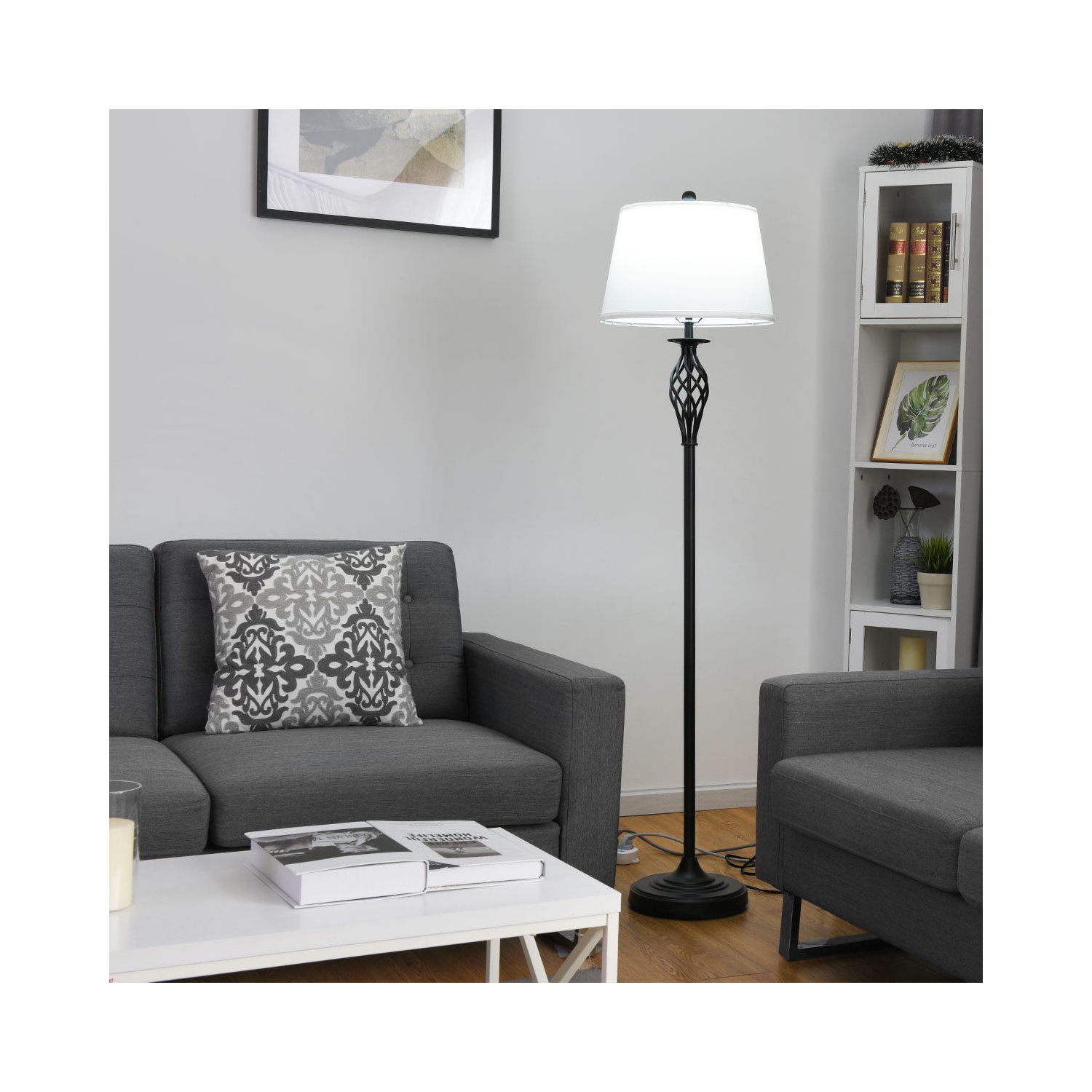 Gymax 3-Piece Lamp Set 2 Table Lamps 1 Floor Lamp Fabric Shades Living Room Bedroom