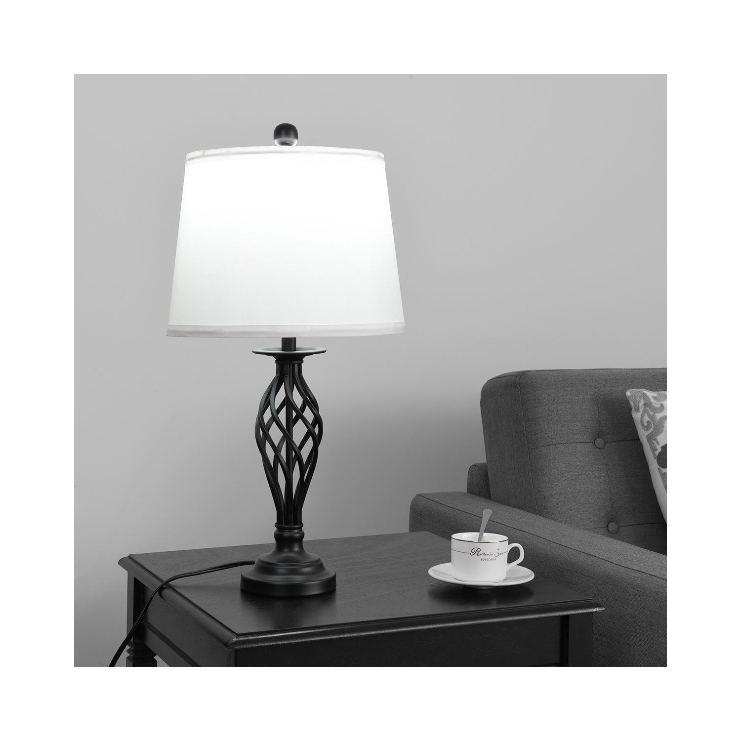 Gymax 3-Piece Lamp Set 2 Table Lamps 1 Floor Lamp Fabric Shades Living Room Bedroom