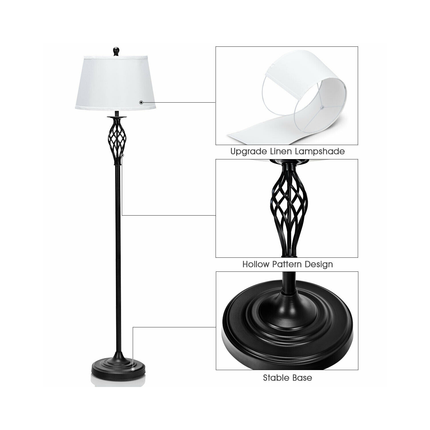Gymax 3-Piece Lamp Set 2 Table Lamps 1 Floor Lamp Fabric Shades Living Room Bedroom