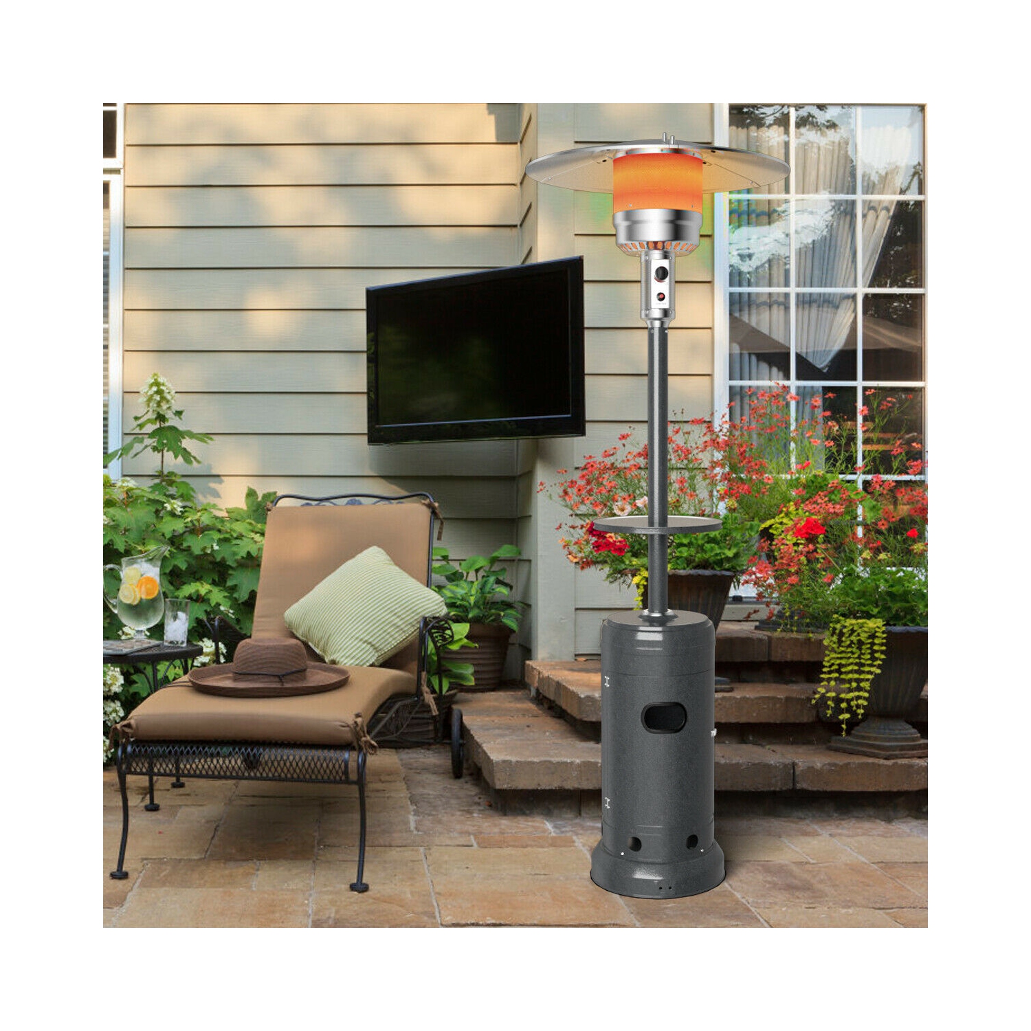 Gymax Outdoor Patio Heater Propane Standing LP Gas Steel W/Table & Wheels Grey