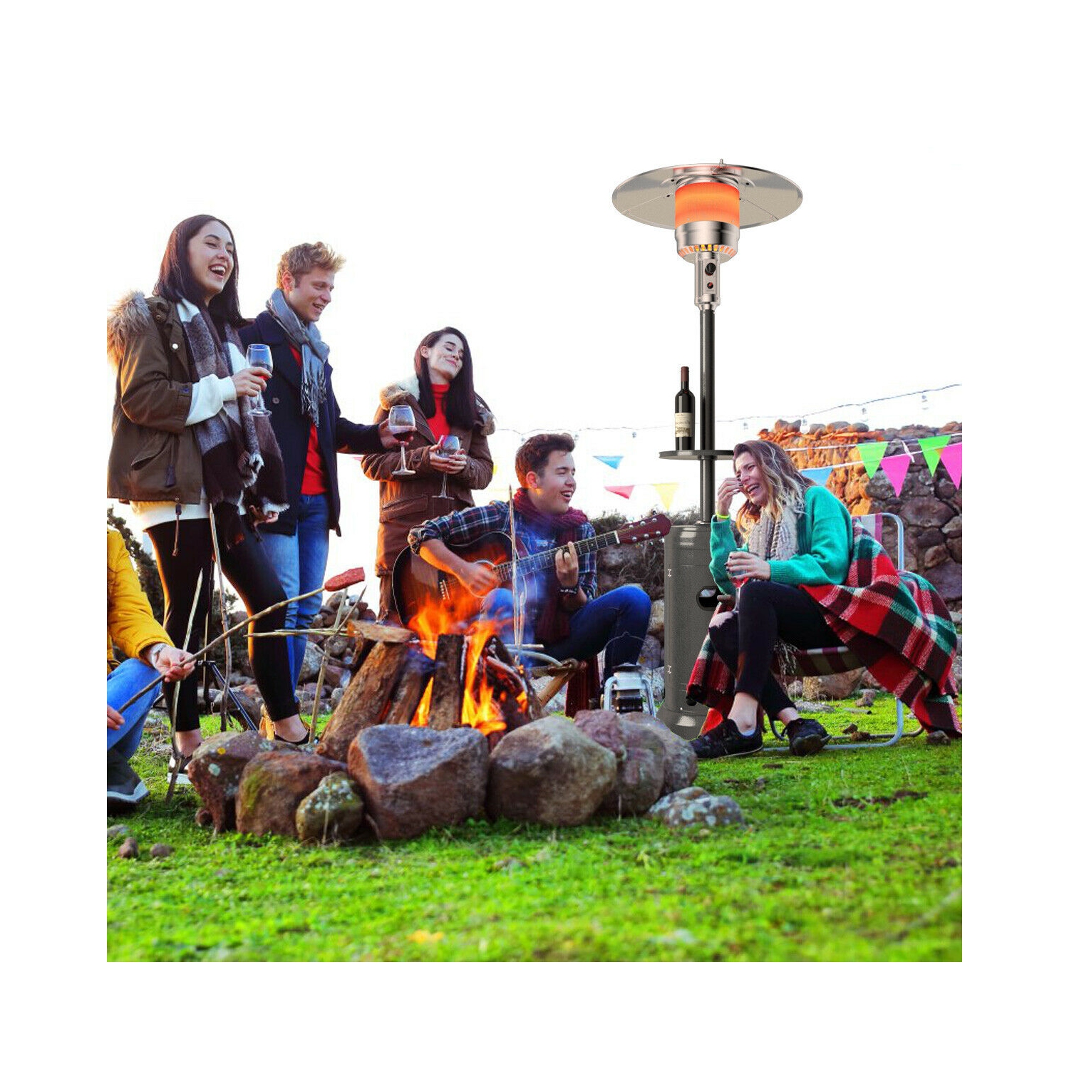 Gymax Outdoor Patio Heater Propane Standing LP Gas Steel W/Table & Wheels Grey