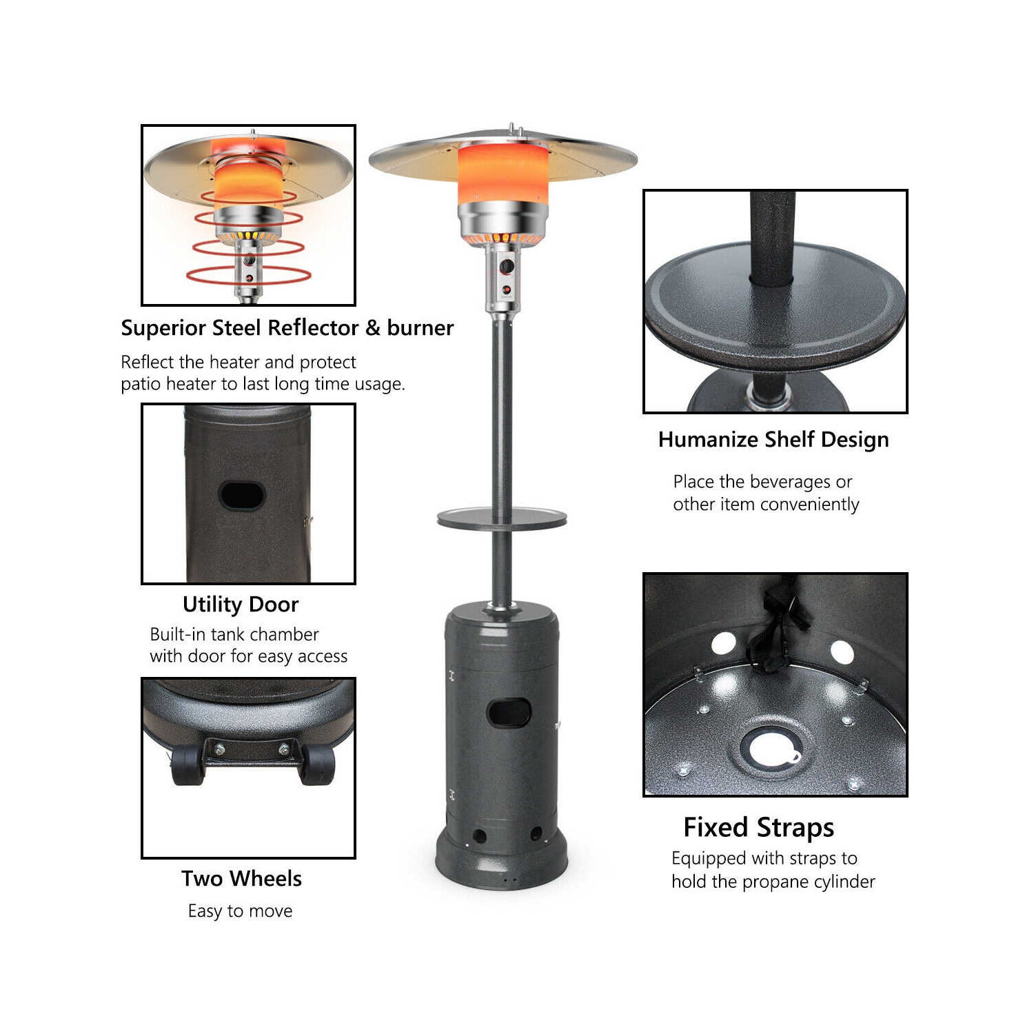 Gymax Outdoor Patio Heater Propane Standing LP Gas Steel W/Table & Wheels Grey
