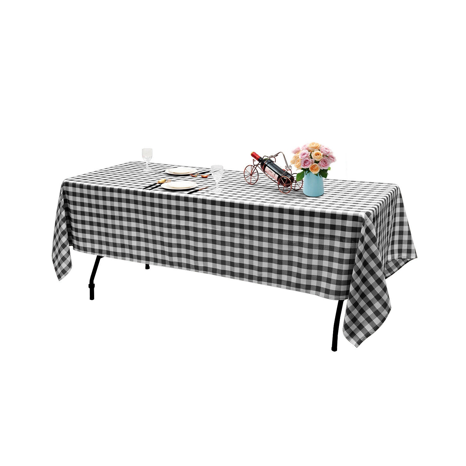 Gymax 10Pcs 60"x126" Rectangular Polyester Tablecloth Black & White Checker Party