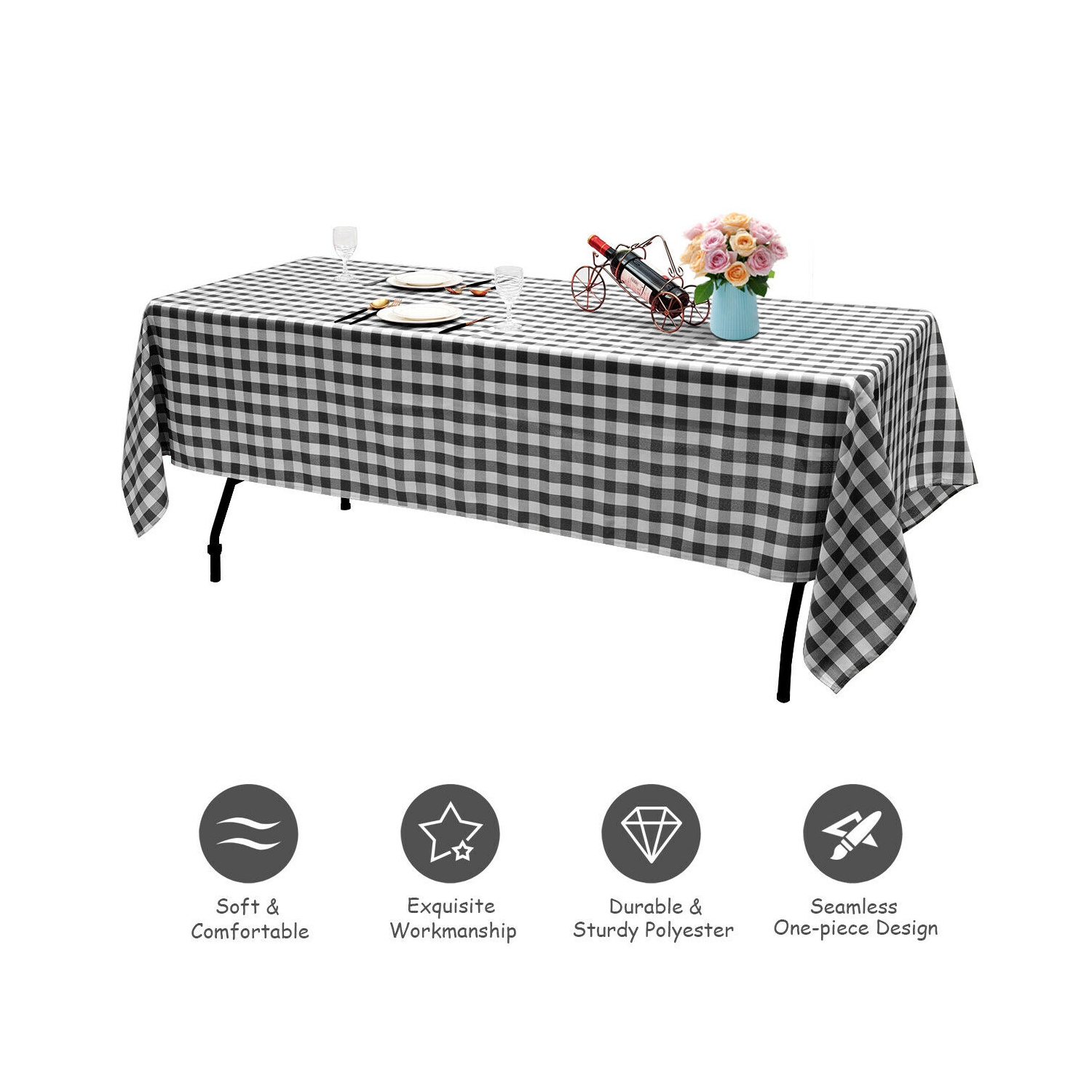 Gymax 10Pcs 60"x126" Rectangular Polyester Tablecloth Black & White Checker Party