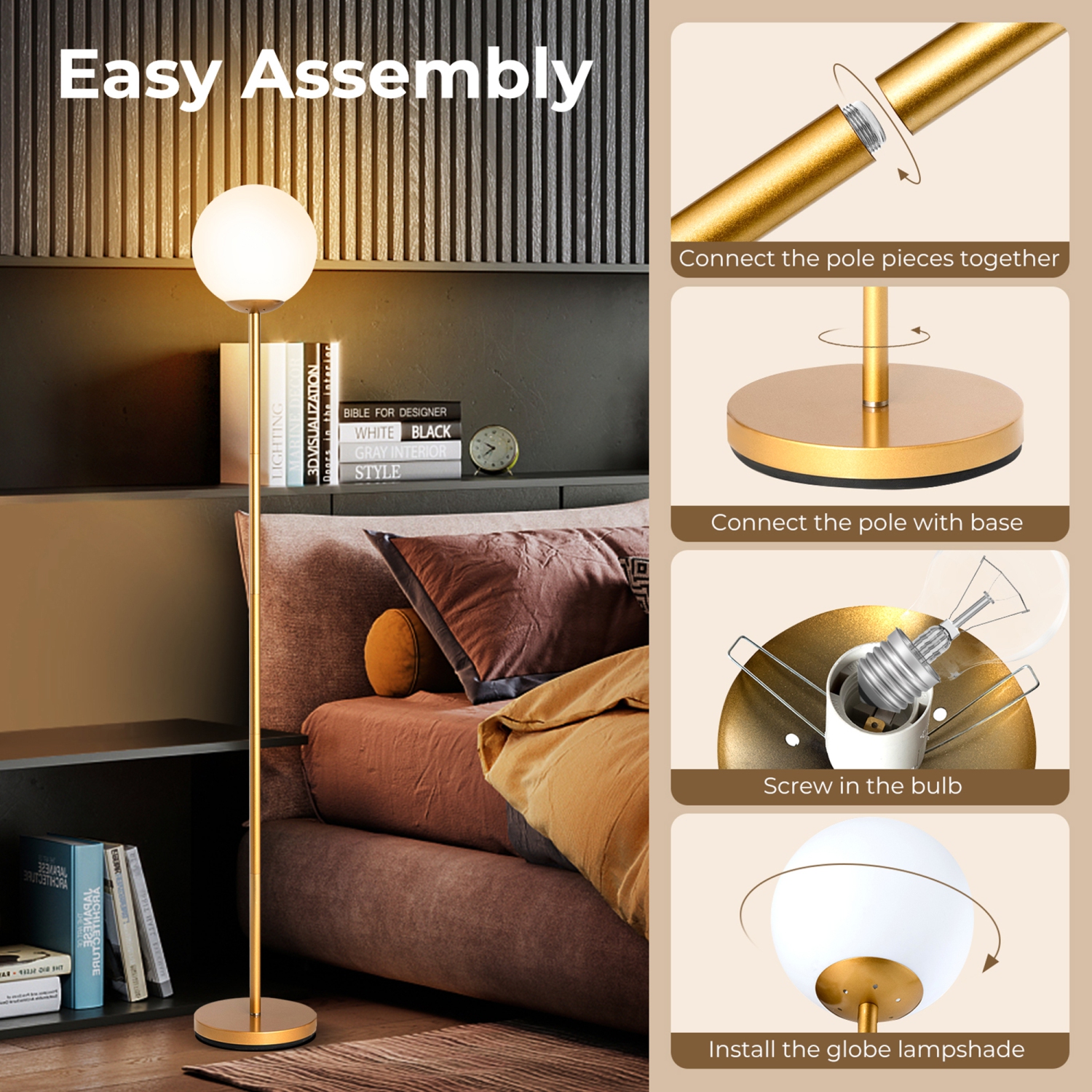 Gymax Glass Globe LED Floor Lamp w/ Glass Lampshade Bedroom Office