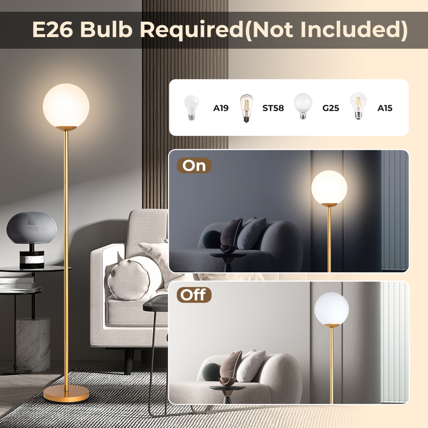 Gymax Glass Globe LED Floor Lamp w/ Glass Lampshade Bedroom Office