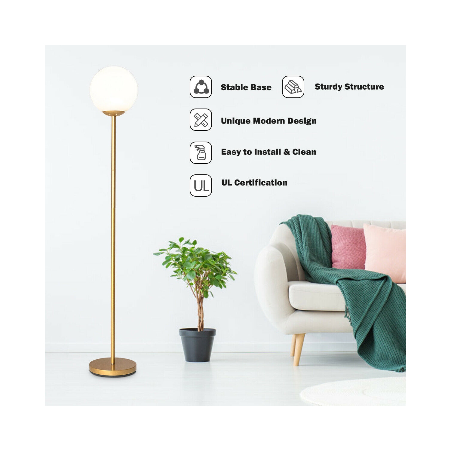 Gymax Glass Globe LED Floor Lamp w/ Glass Lampshade Bedroom Office