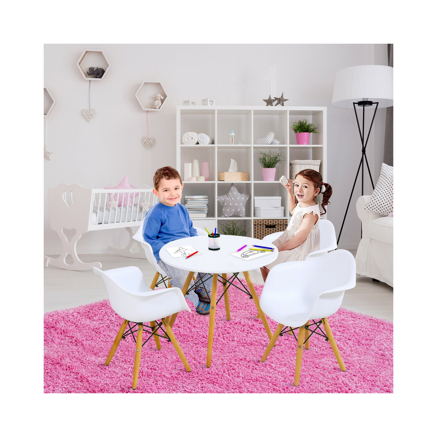 Gymax 5 PC Kids Round Table Chair Set with 4 Arm Chairs White