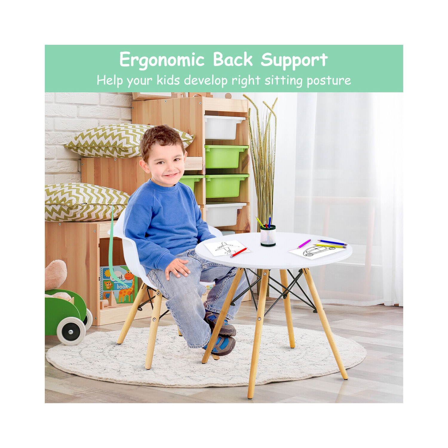 Gymax 5 PC Kids Round Table Chair Set with 4 Arm Chairs White