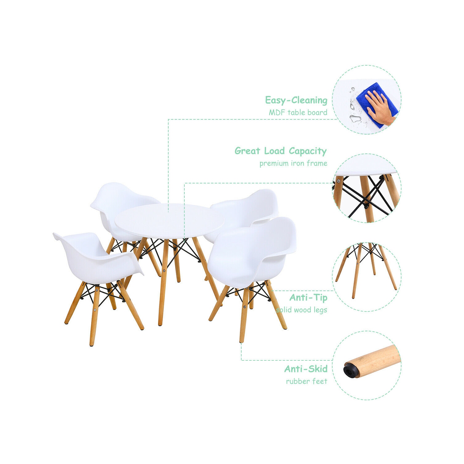 Gymax 5 PC Kids Round Table Chair Set with 4 Arm Chairs White
