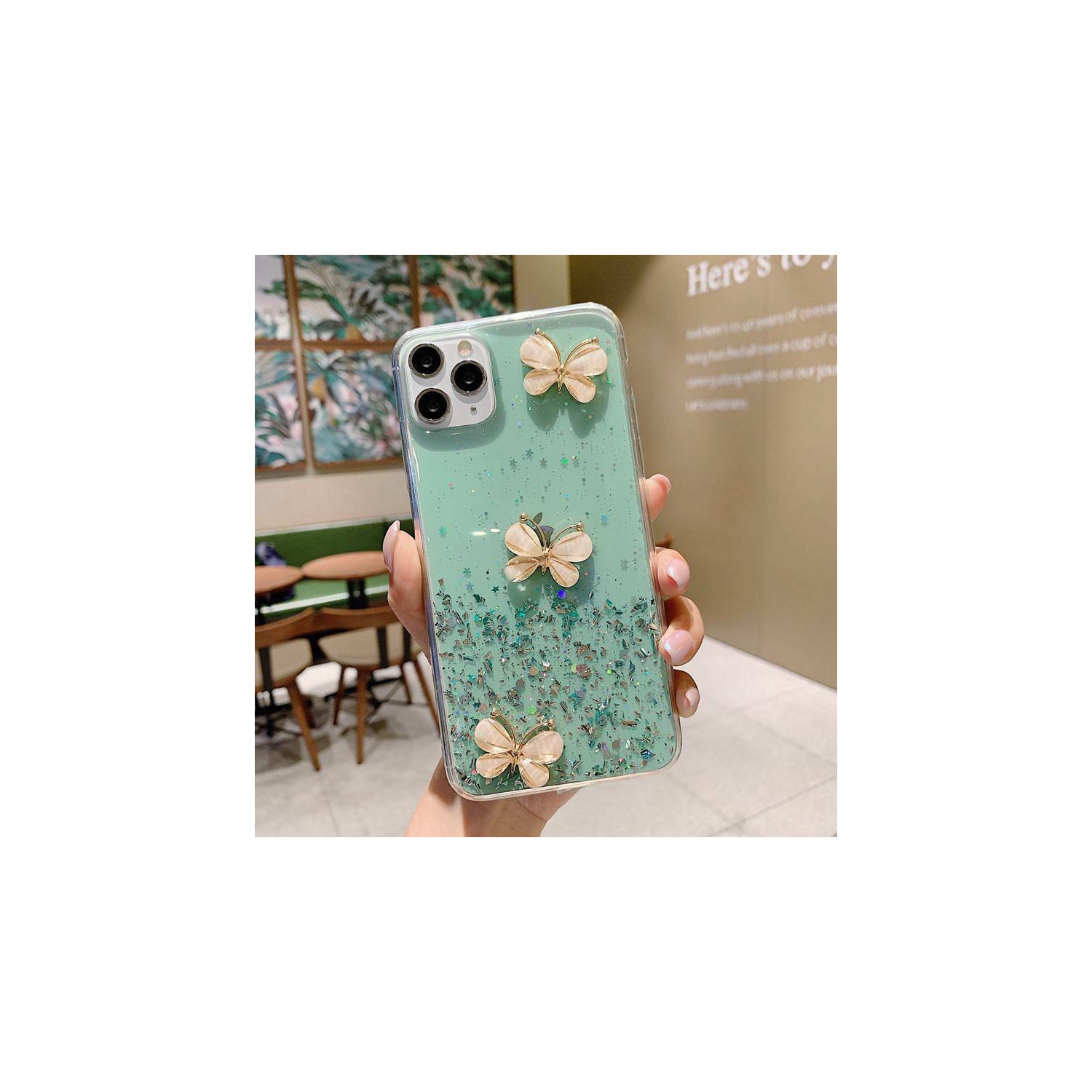 For Apple iPhone XR Green Smart Shockproof Glitter Crystal butterfly Wrist Strap Cover Case