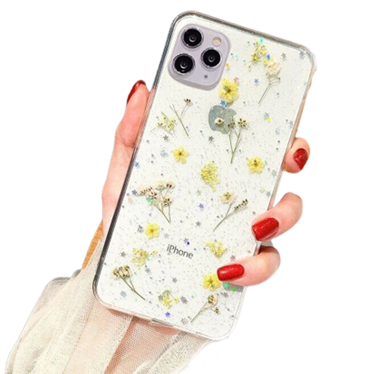 For Apple iPhone 11 Pro Max Yellow Smart Shockproof Dry Flower Glitter Case TPU Back Cover