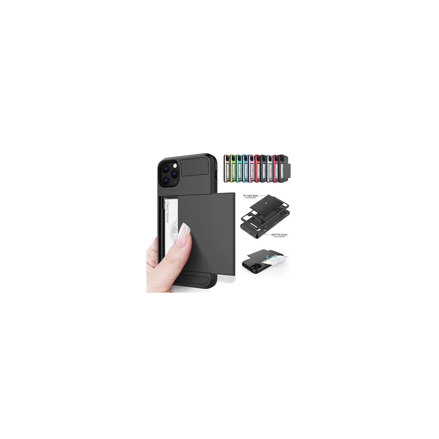 For Apple iPhone 11 Pro Black Shockproof Card Slot Wallet Heavy Duty Case Tough 360 Cover Case