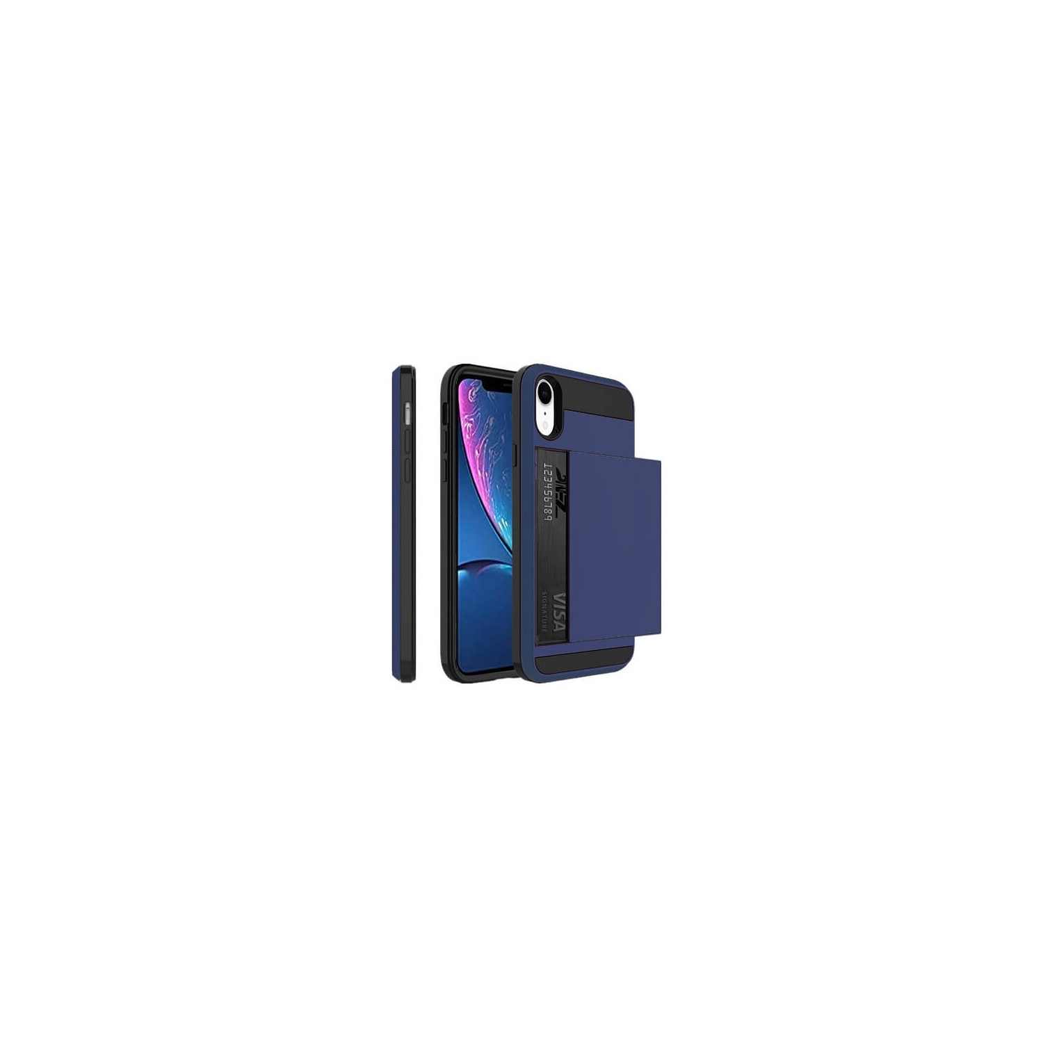 For Apple iPhone XR Blue Shockproof Card Slot Wallet Heavy Duty Case Tough 360 Cover Case