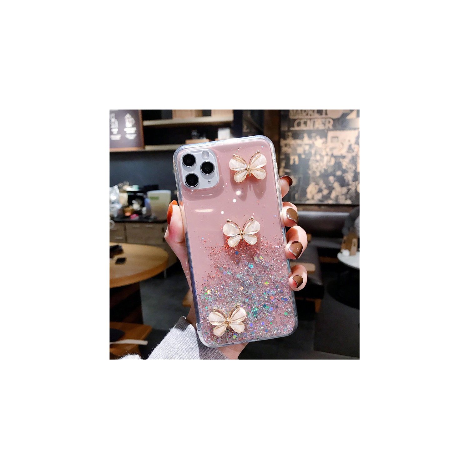For Apple iPhone XS Pink Smart Shockproof Glitter Crystal butterfly Wrist Strap Cover Case